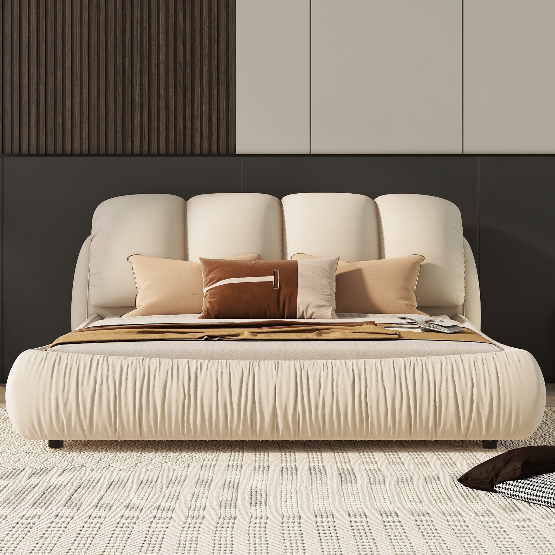 Queen Size Luxury Upholstered Bed With Thick Headboard, Velvet Queen Bed With Oversized Padded Backrest, Beige Expect Arrival Date 2024 4 9 Queen Beige Velvet