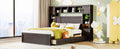Queen Size Wooden Bed With All In One Cabinet, Shelf And Sockets, Espresso Espresso Solid Wood