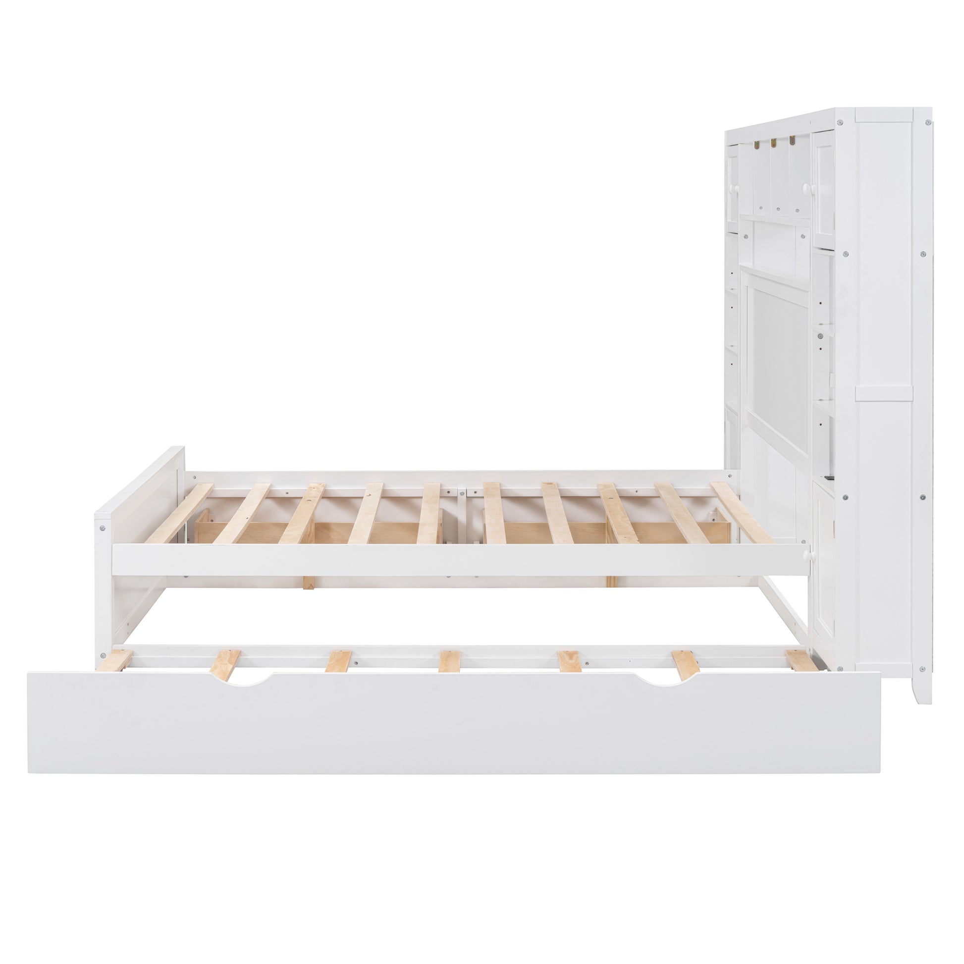 Full Size Wooden Bed With All In One Cabinet, Shelf And Sockets,Twin Size Trundle, White Full White Solid Wood