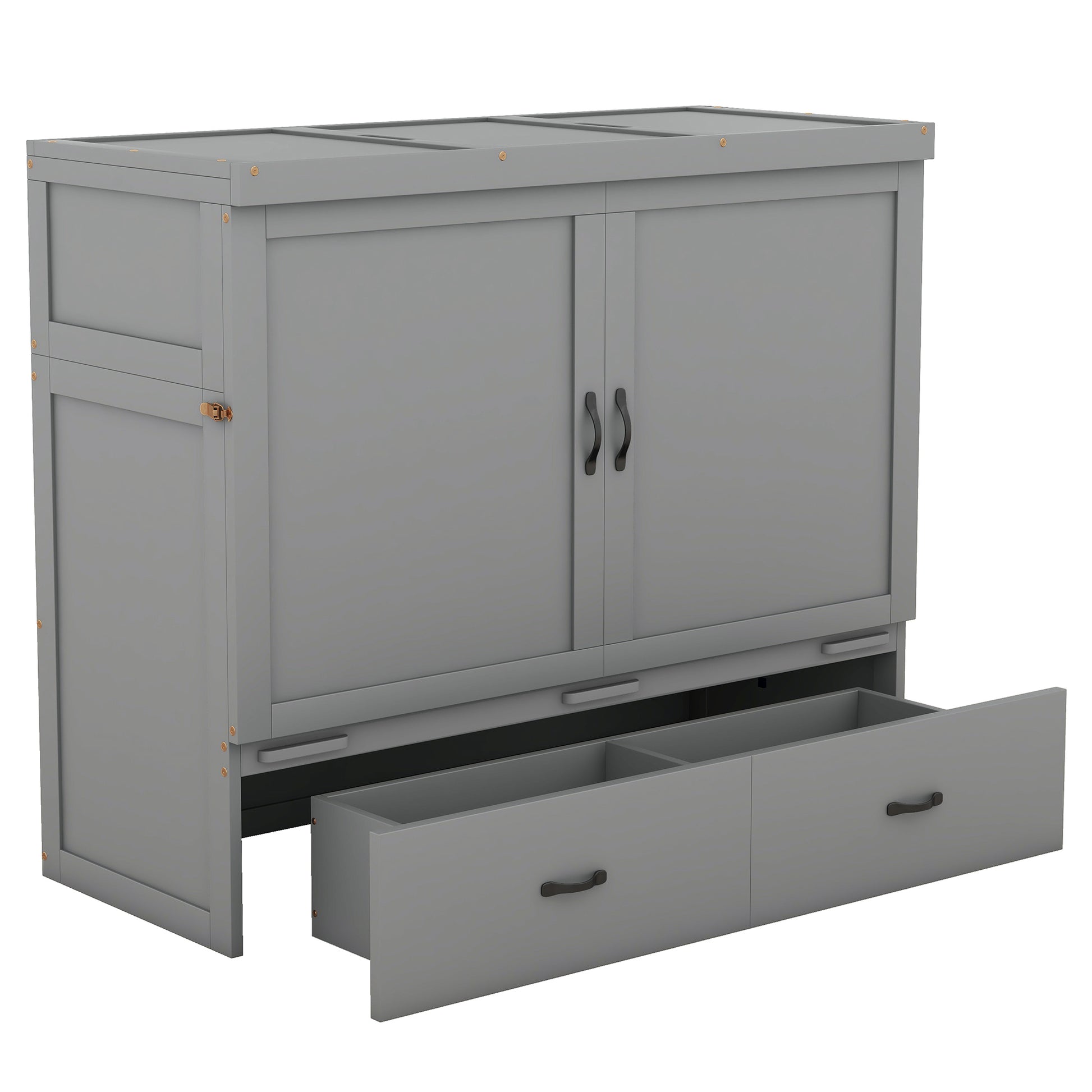 Full Size Murphy Bed With Usb Port And A Large Drawer, Gray Gray Solid Wood Mdf