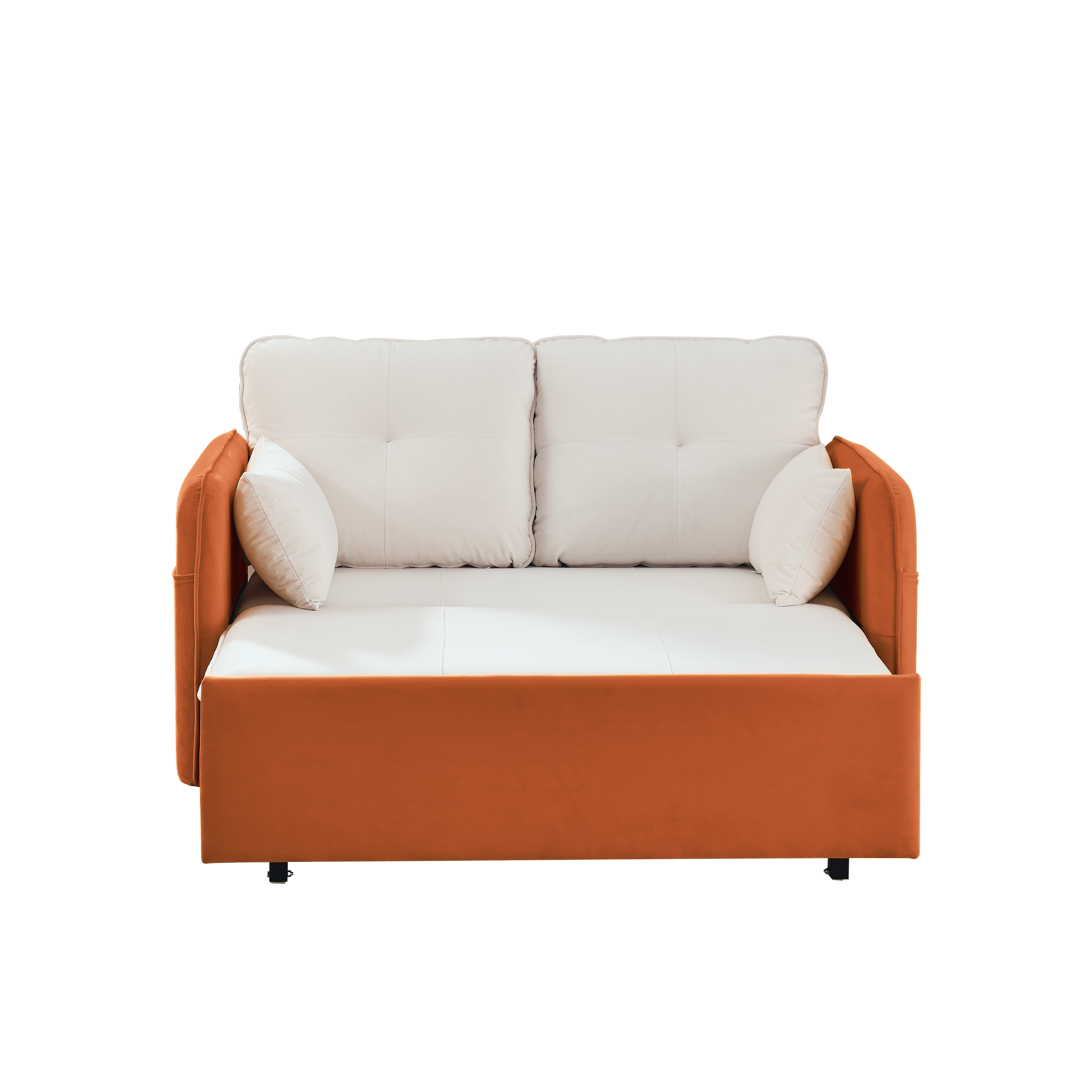 53" Modern Convertible Sofa Bed W 2 Removable Armrests W Usb Power Port, Velvet Recliner Adjustable Sofa W Head Pull Out Bed, 2 Pillows, For Living Room Apartment Etc., White Orange Beige Foam Velvet