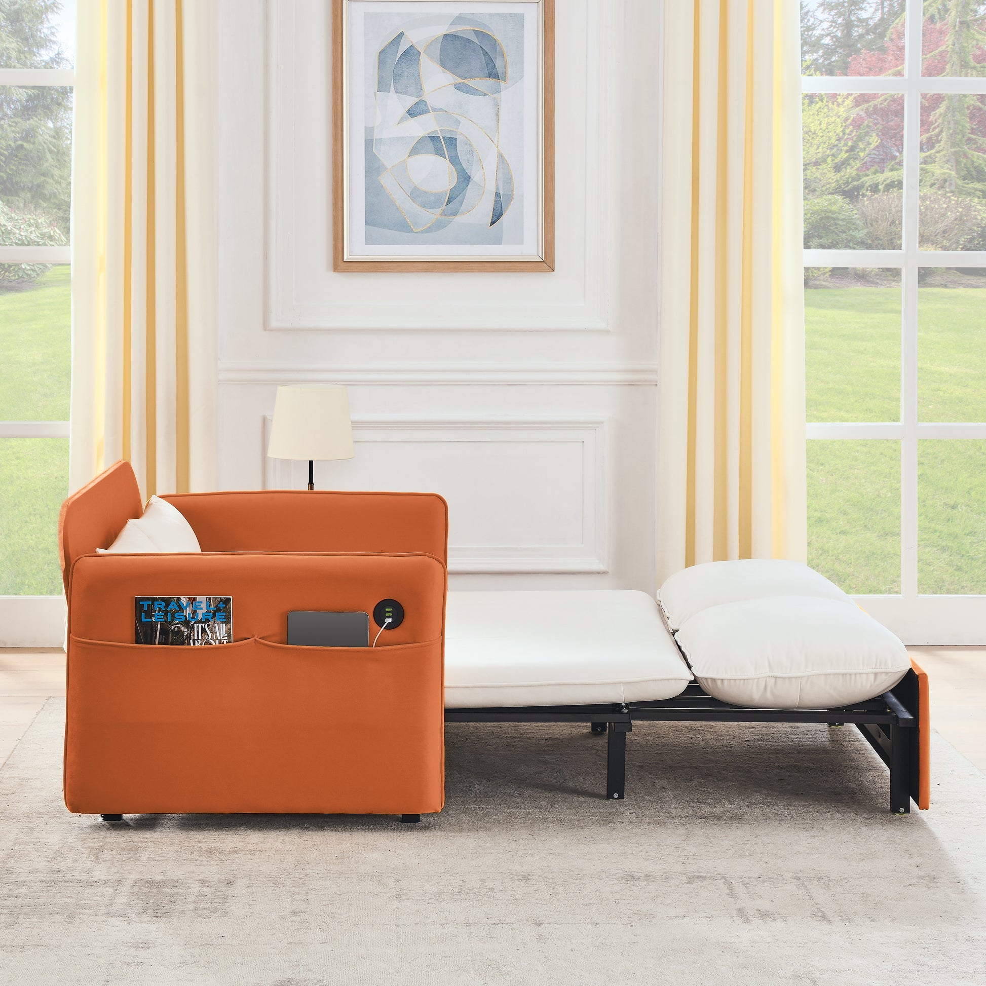 53" Modern Convertible Sofa Bed W 2 Removable Armrests W Usb Power Port, Velvet Recliner Adjustable Sofa W Head Pull Out Bed, 2 Pillows, For Living Room Apartment Etc., White Orange Beige Foam Velvet