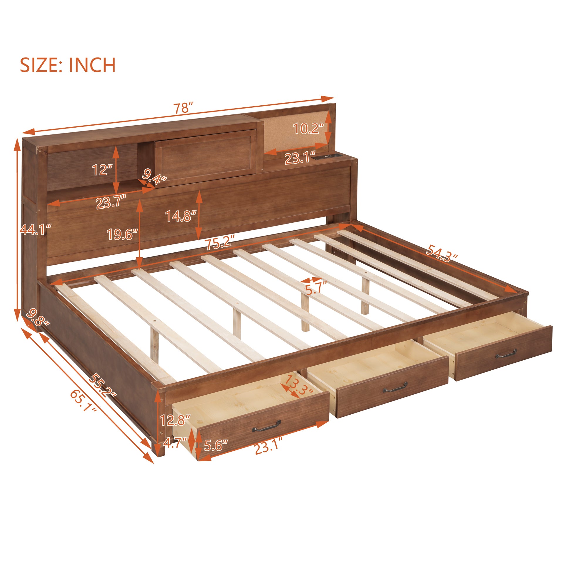 Full Size Wooden Daybed With 3 Storage Drawers, Upper Soft Board, Shelf, And A Set Of Sockets And Usb Ports, Brown Brown Solid Wood Mdf
