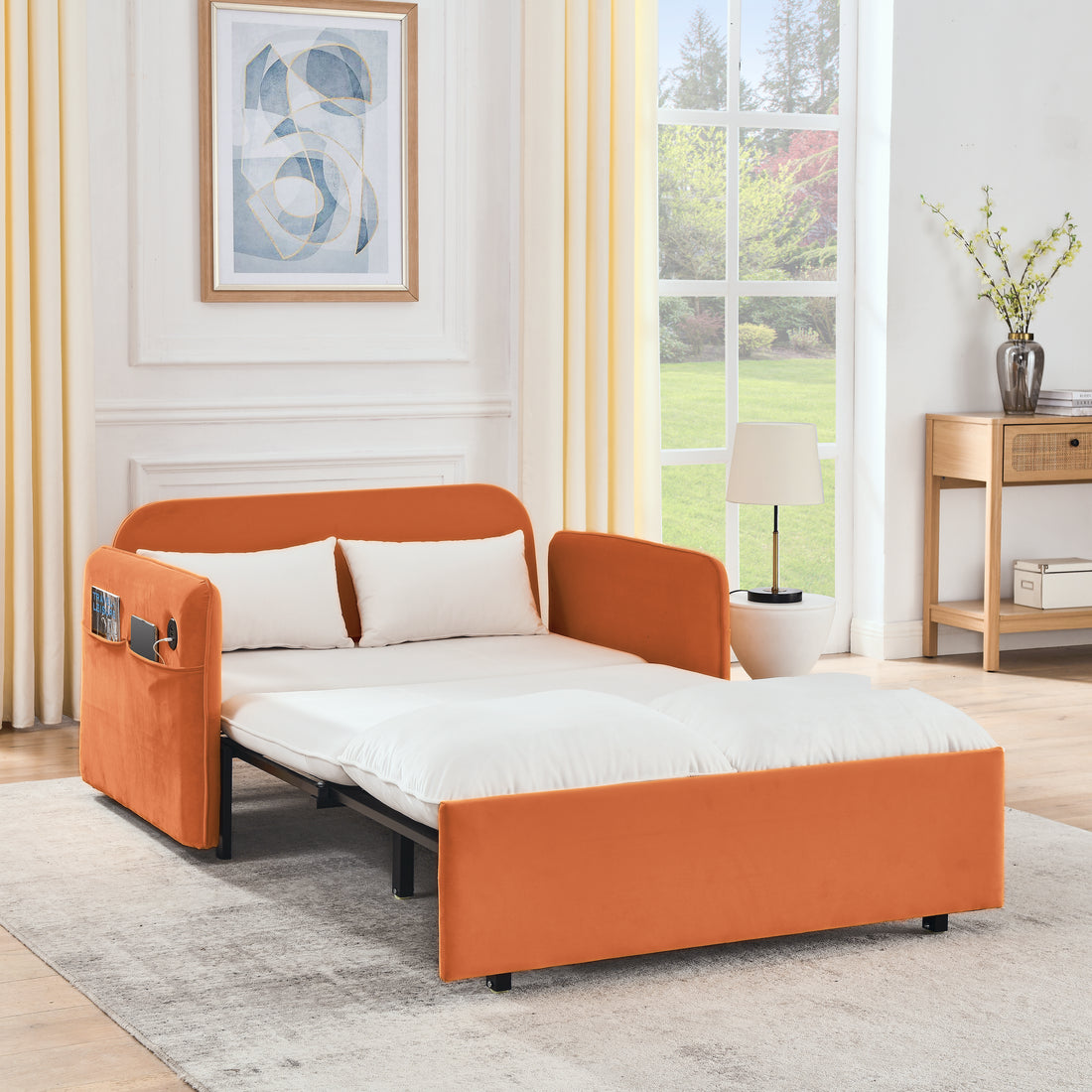 53" Modern Convertible Sofa Bed W 2 Removable Armrests W Usb Power Port, Velvet Recliner Adjustable Sofa W Head Pull Out Bed, 2 Pillows, For Living Room Apartment Etc., White Orange Beige Foam Velvet