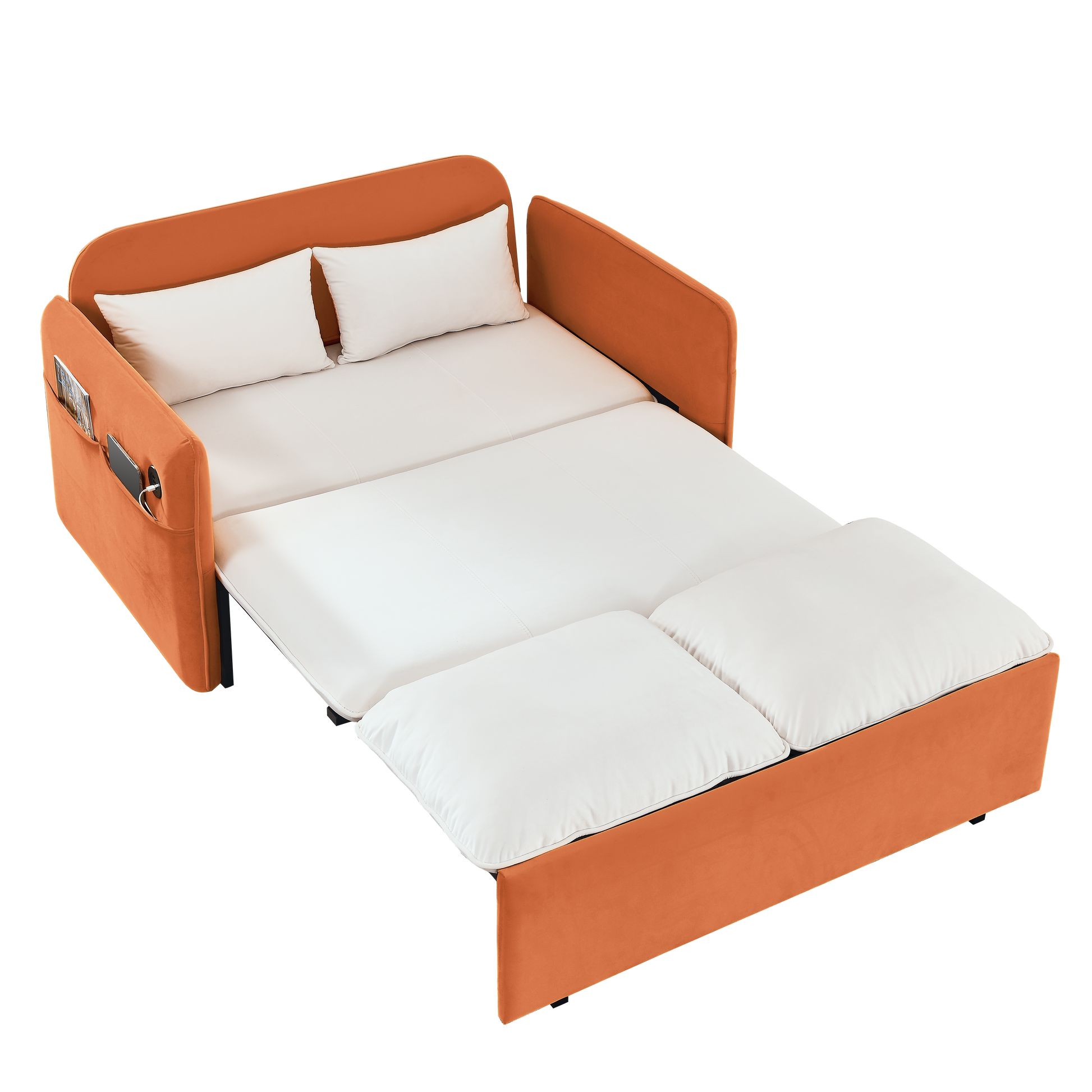53" Modern Convertible Sofa Bed W 2 Removable Armrests W Usb Power Port, Velvet Recliner Adjustable Sofa W Head Pull Out Bed, 2 Pillows, For Living Room Apartment Etc., White Orange Beige Foam Velvet