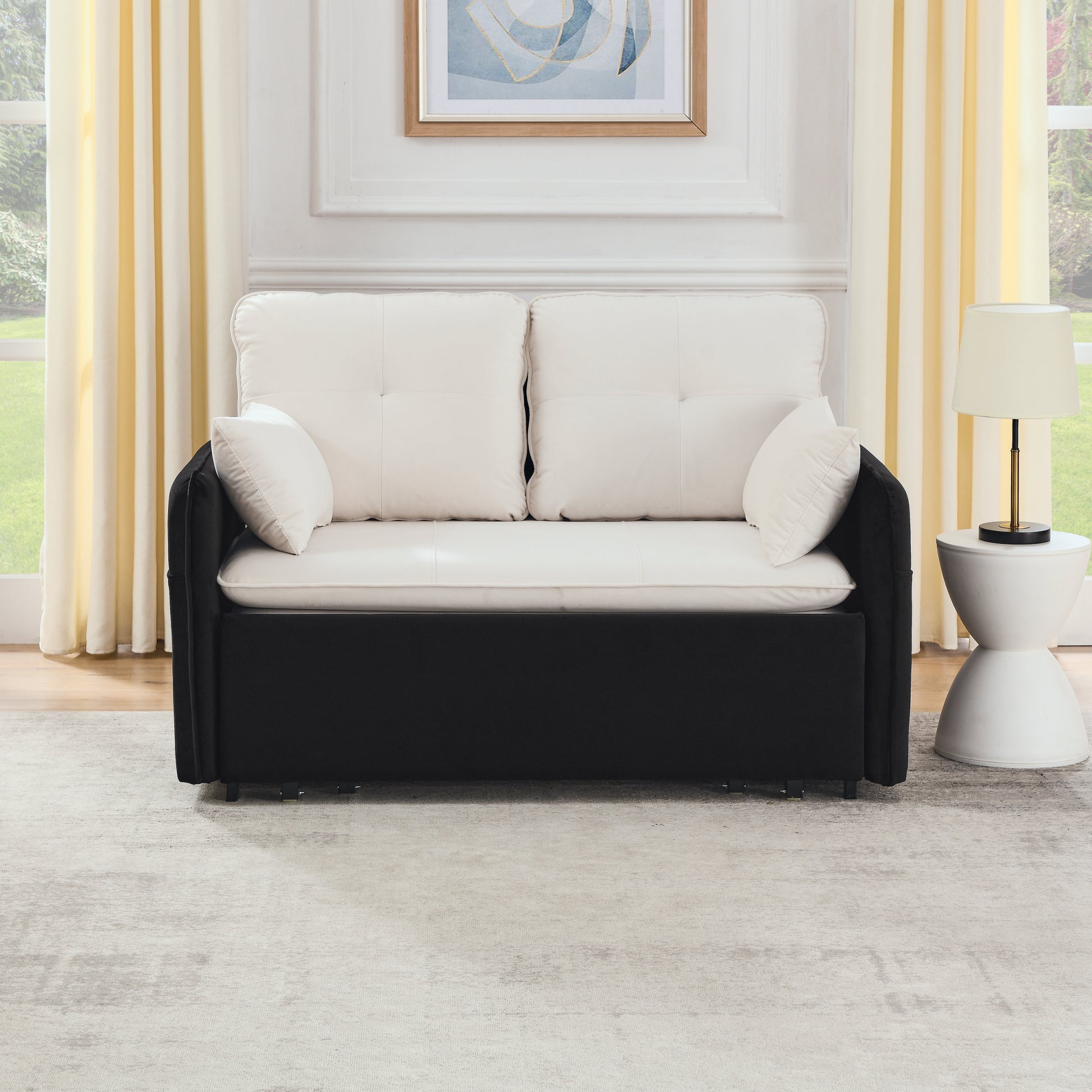 53" Modern Convertible Sofa Bed W 2 Removable Armrests W Usb Power Port, Velvet Recliner Adjustable Sofa W Head Pull Out Bed, 2 Pillows, For Living Room Apartment Etc., White Black Beige Black Foam Velvet