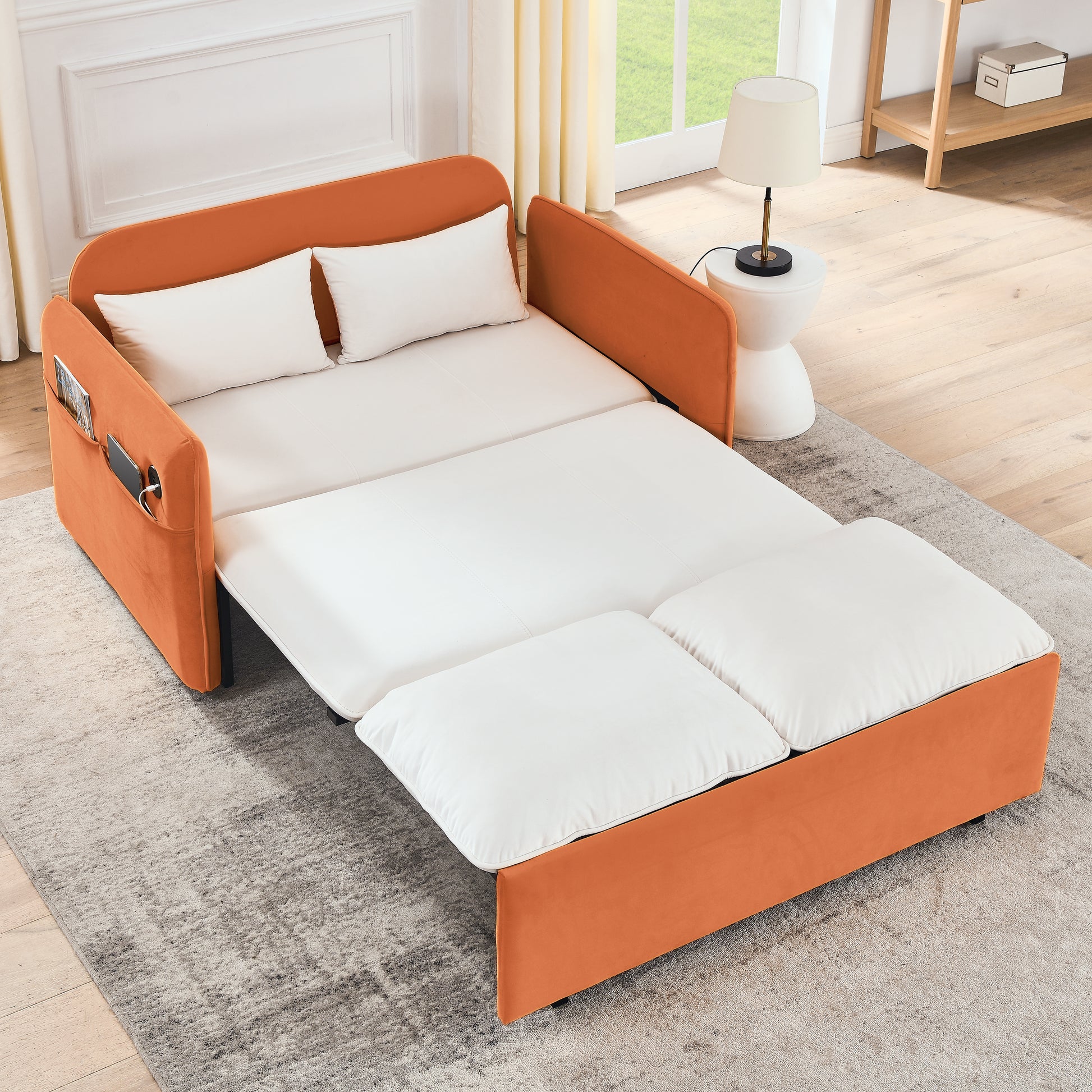 53" Modern Convertible Sofa Bed W 2 Removable Armrests W Usb Power Port, Velvet Recliner Adjustable Sofa W Head Pull Out Bed, 2 Pillows, For Living Room Apartment Etc., White Orange Beige Foam Velvet