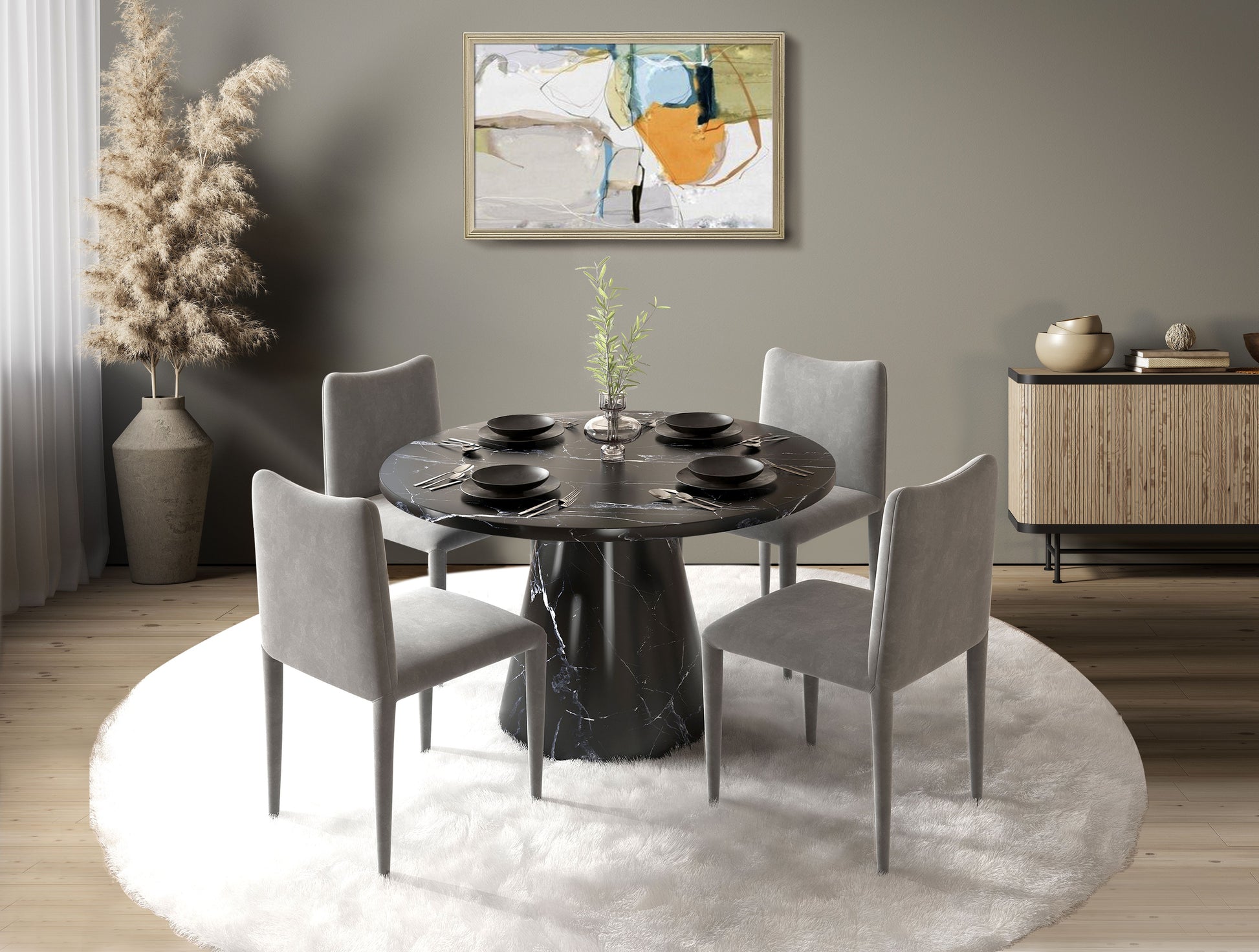 Hollis Dining Table, Engineering Stone Finish Dn02155 Black Mdf