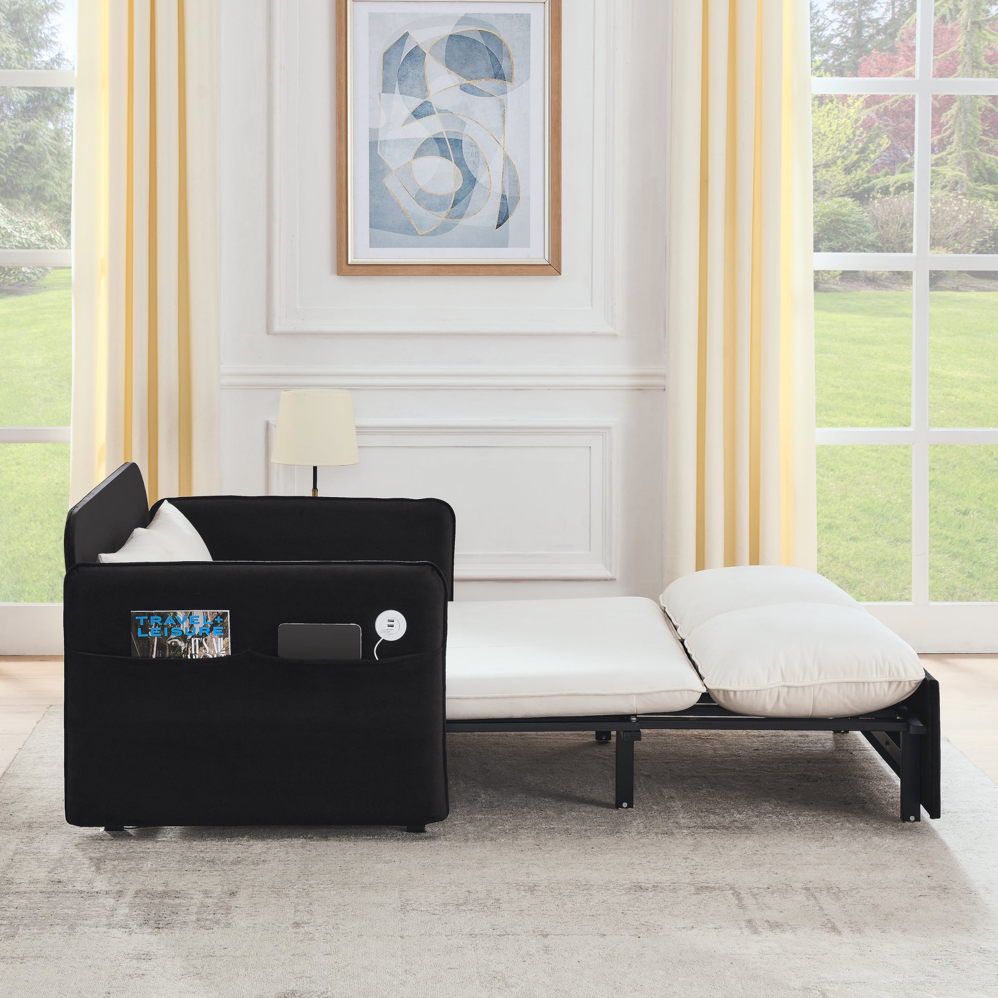 53" Modern Convertible Sofa Bed W 2 Removable Armrests W Usb Power Port, Velvet Recliner Adjustable Sofa W Head Pull Out Bed, 2 Pillows, For Living Room Apartment Etc., White Black Beige Black Foam Velvet