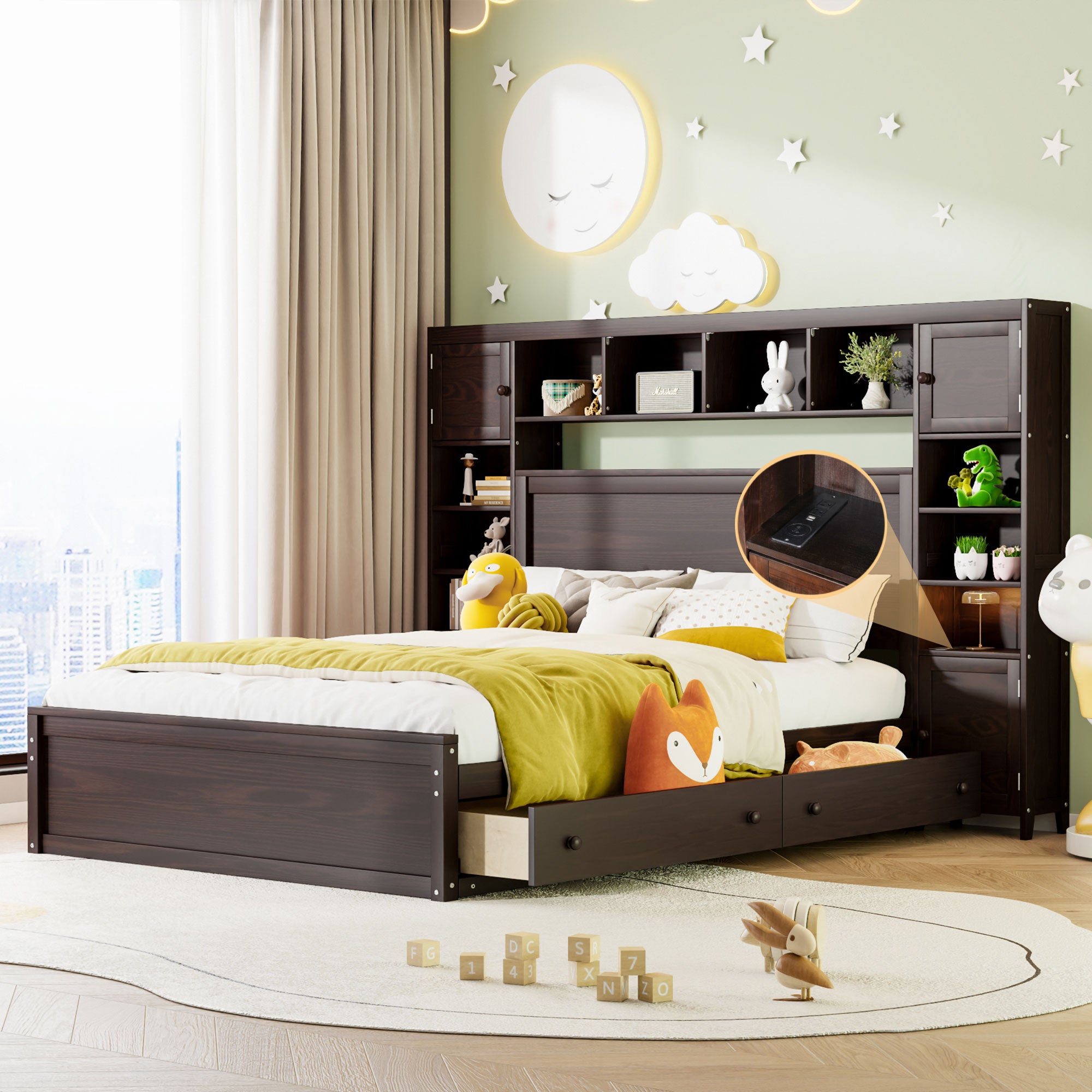 Queen Size Wooden Bed With All In One Cabinet, Shelf And Sockets, Espresso Espresso Solid Wood