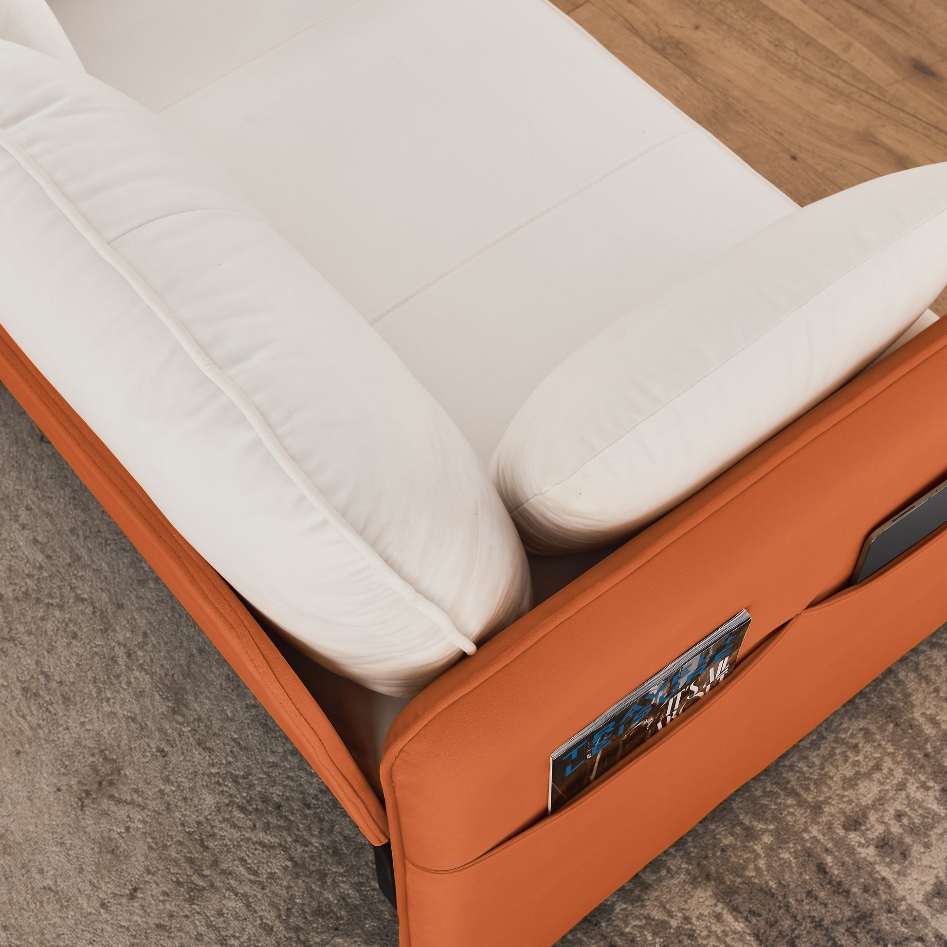 53" Modern Convertible Sofa Bed W 2 Removable Armrests W Usb Power Port, Velvet Recliner Adjustable Sofa W Head Pull Out Bed, 2 Pillows, For Living Room Apartment Etc., White Orange Beige Foam Velvet