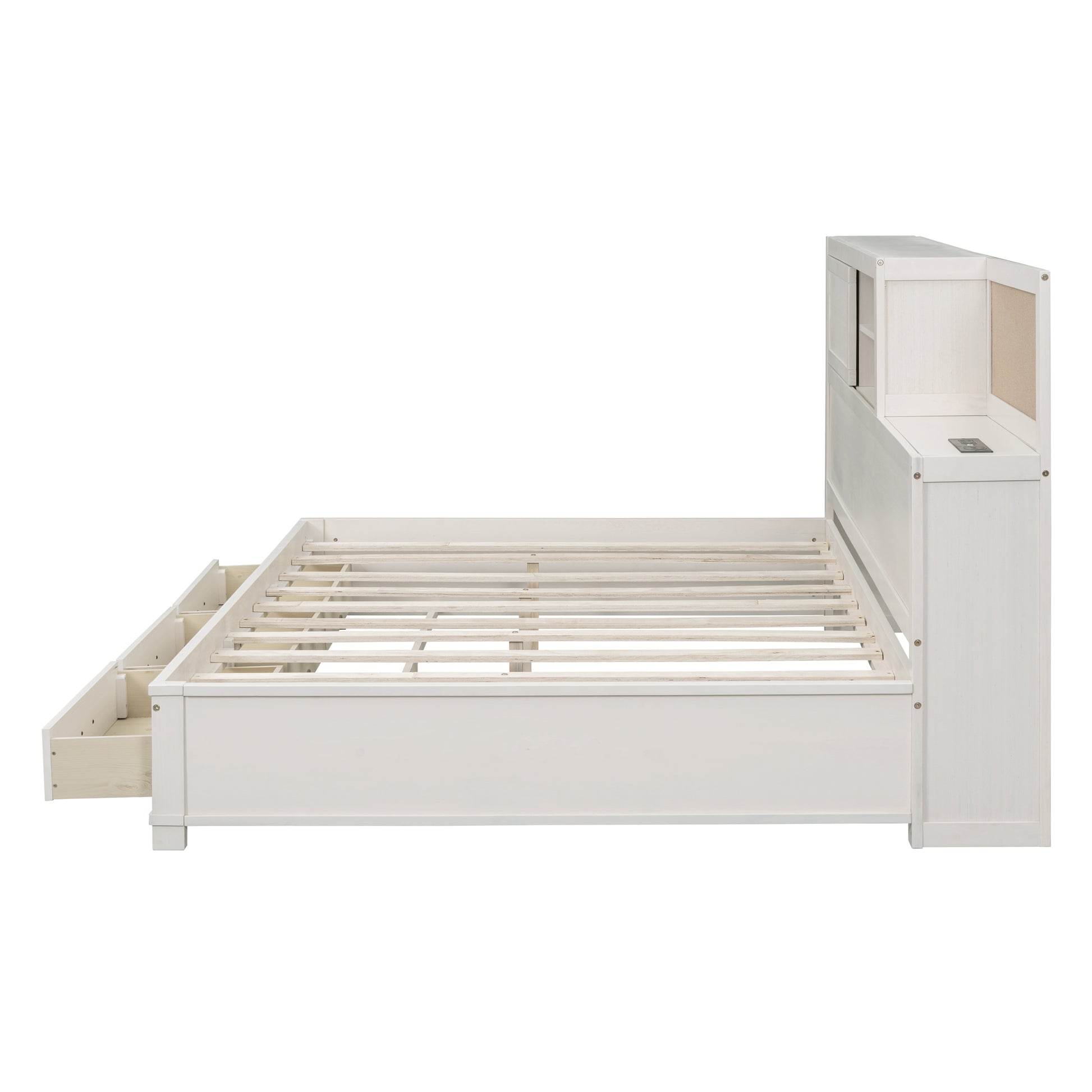 Full Size Wooden Daybed With 3 Storage Drawers, Upper Soft Board, Shelf, And A Set Of Sockets And Usb Ports, White White Solid Wood Mdf