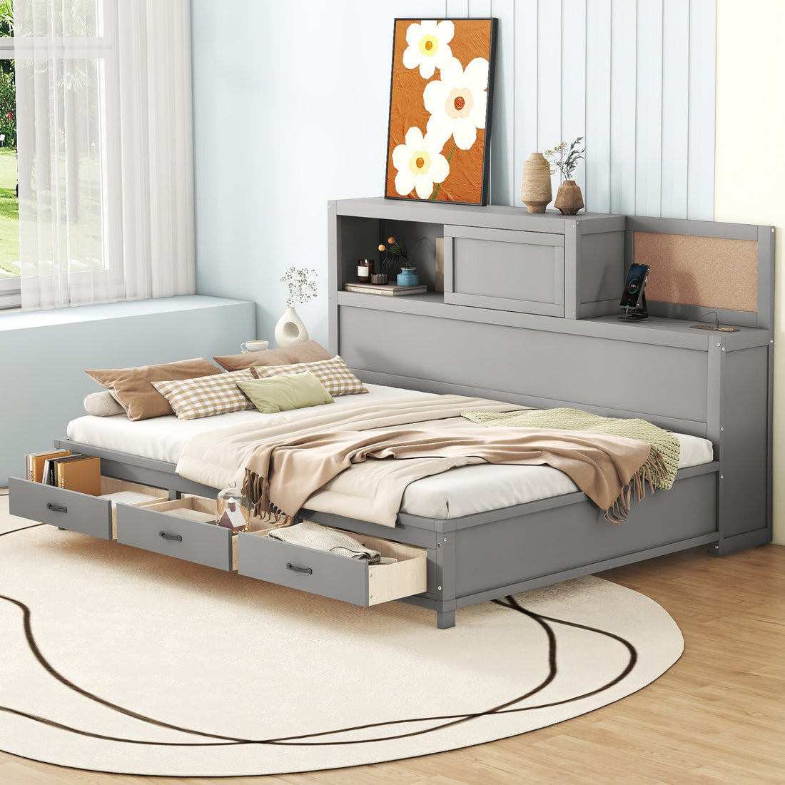 Full Size Wooden Daybed With 3 Storage Drawers, Upper Soft Board, Shelf, And A Set Of Sockets And Usb Ports, Gray Gray Solid Wood Mdf