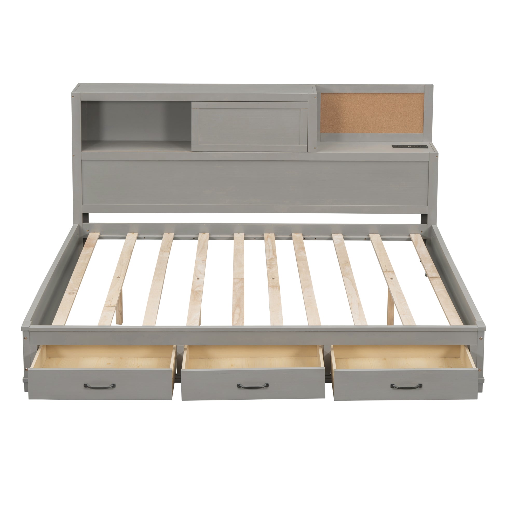 Full Size Wooden Daybed With 3 Storage Drawers, Upper Soft Board, Shelf, And A Set Of Sockets And Usb Ports, Gray Gray Solid Wood Mdf