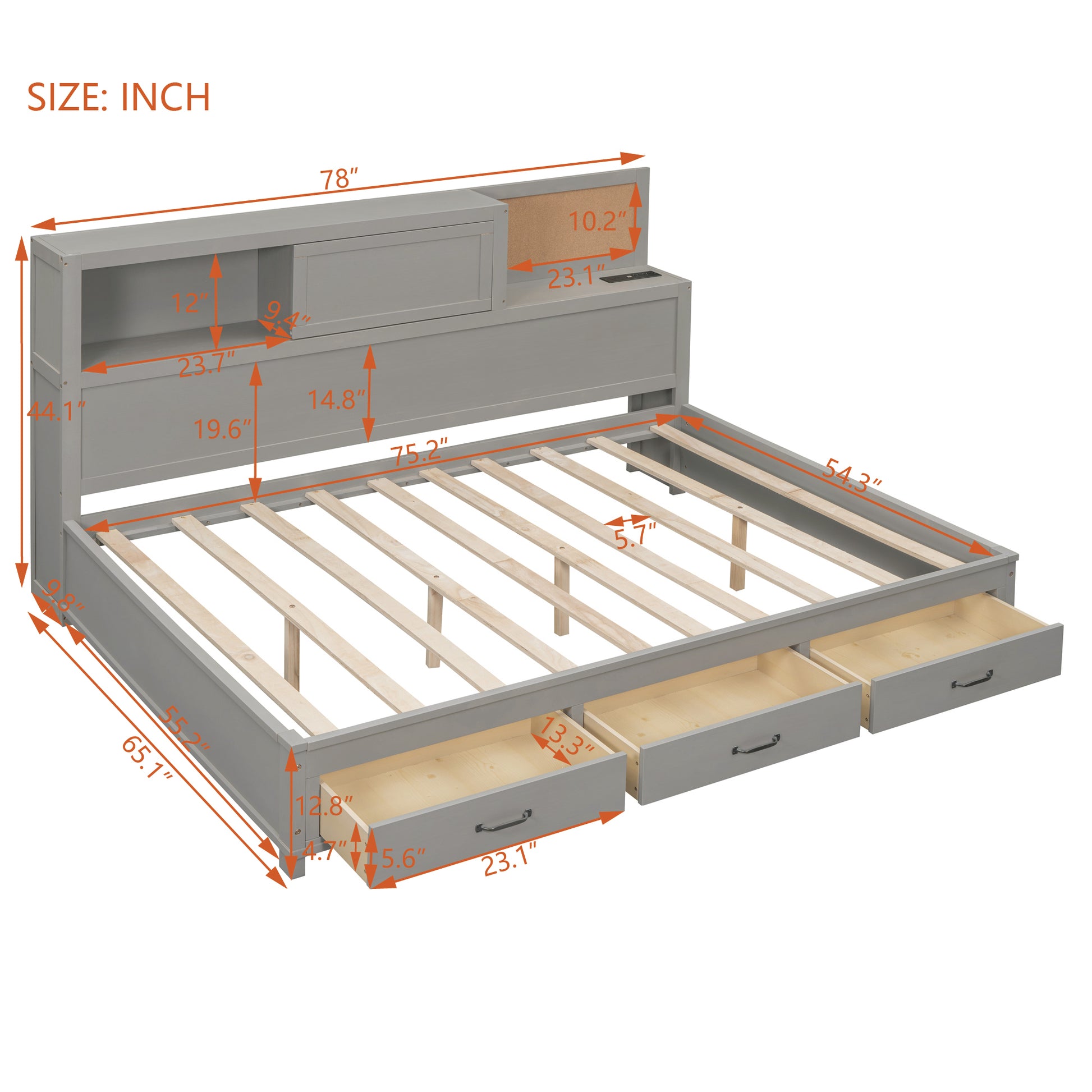 Full Size Wooden Daybed With 3 Storage Drawers, Upper Soft Board, Shelf, And A Set Of Sockets And Usb Ports, Gray Gray Solid Wood Mdf