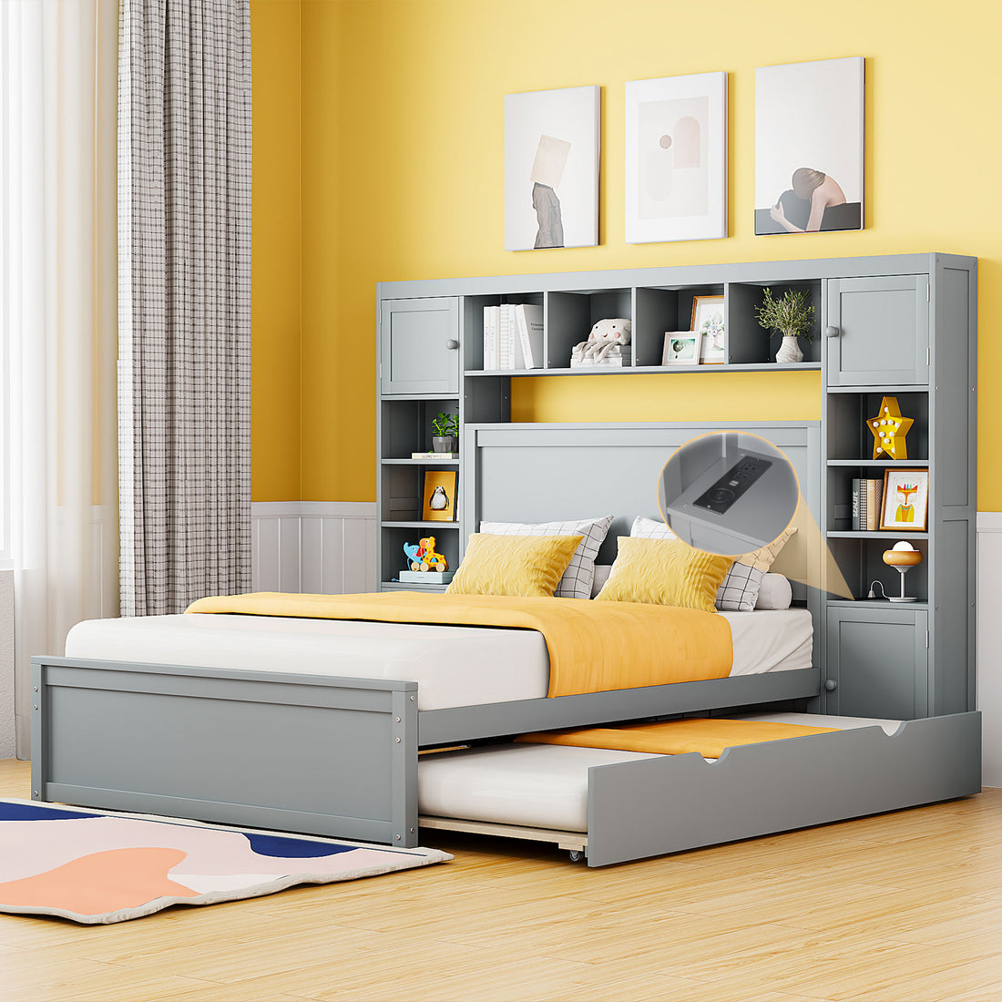Full Size Wooden Bed With All In One Cabinet, Shelf And Sockets,Twin Size Trundle, Gray Full Gray Solid Wood
