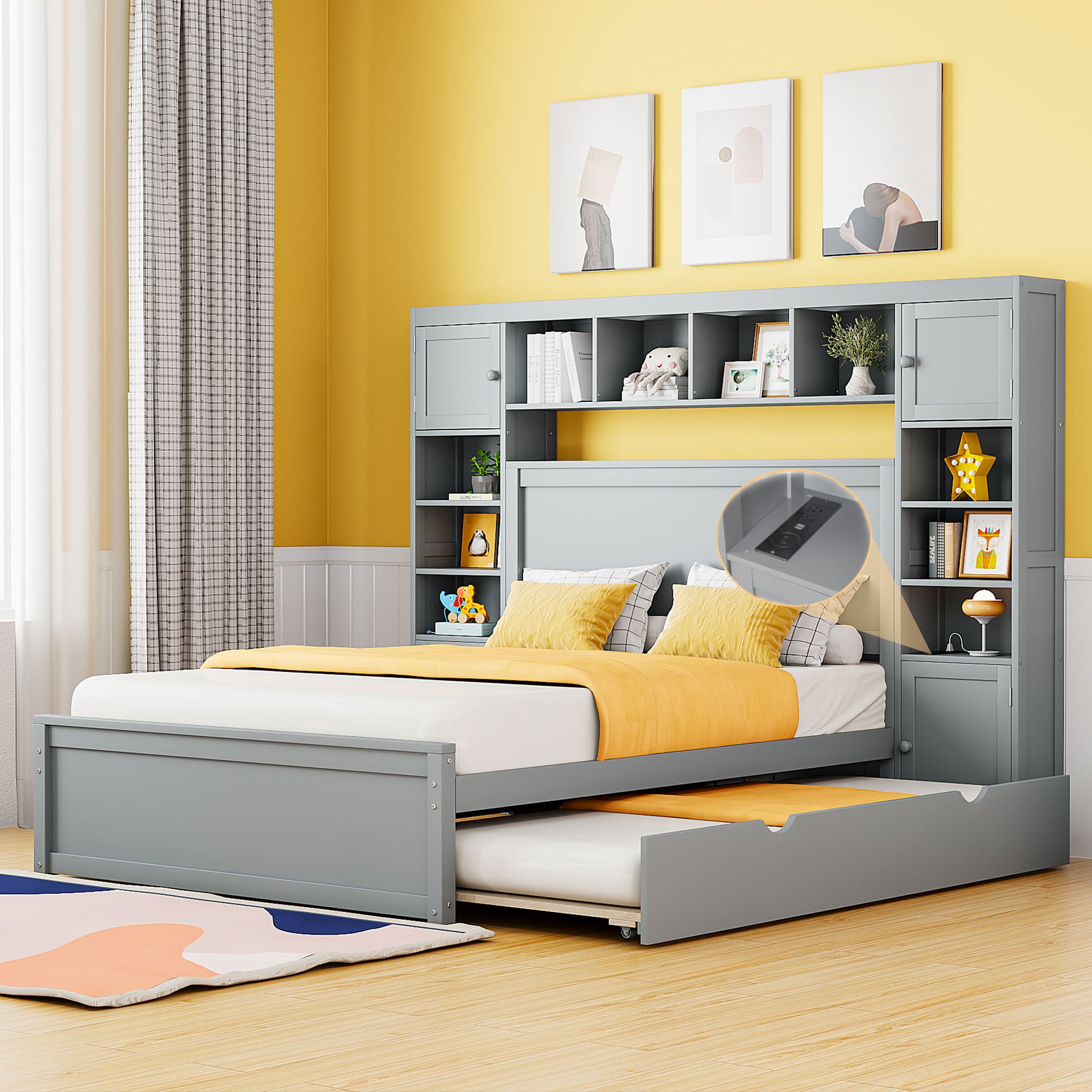 Full Size Wooden Bed With All In One Cabinet, Shelf And Sockets,Twin Size Trundle, Gray Full Gray Solid Wood