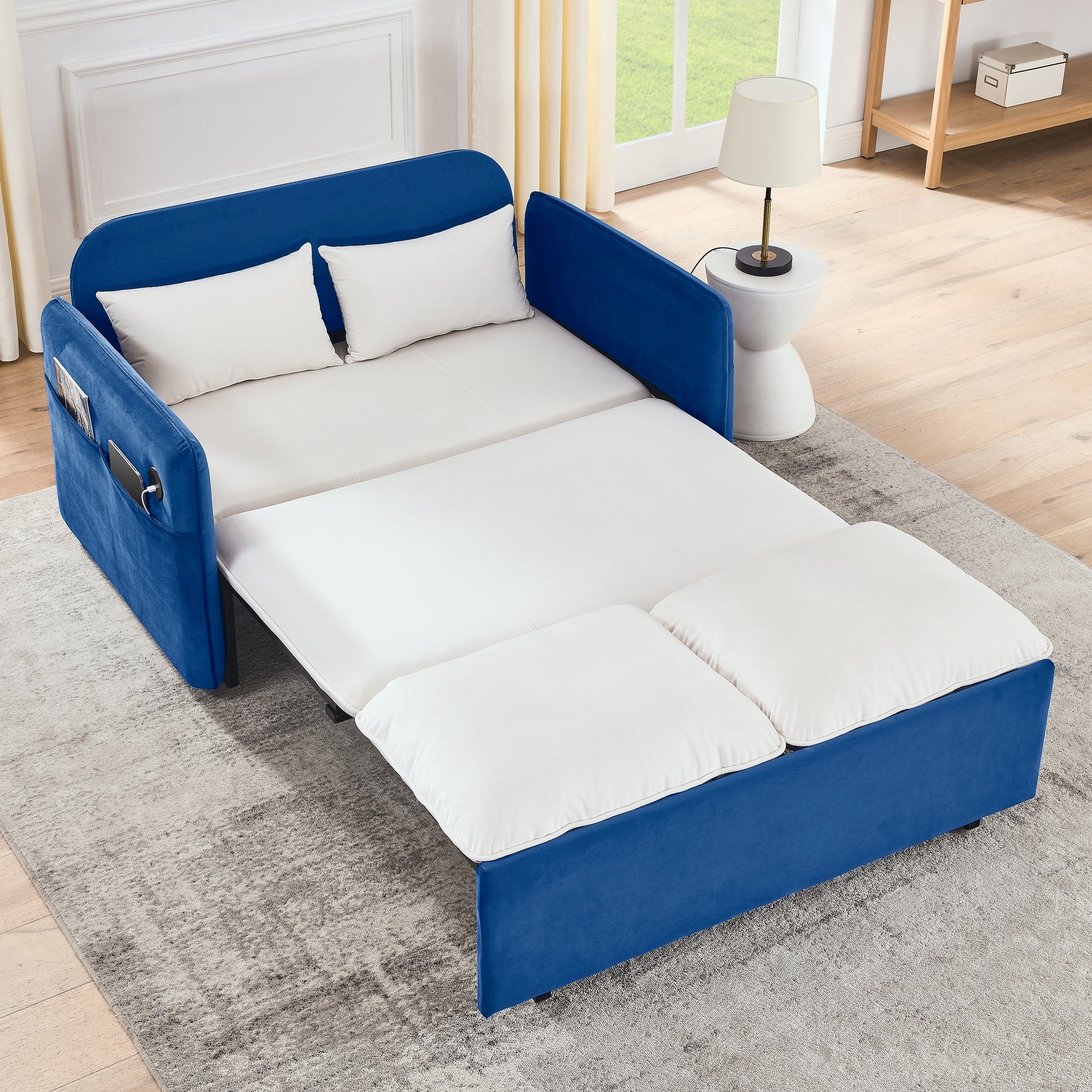 53" Modern Convertible Sofa Bed W 2 Removable Armrests W Usb Power Port, Velvet Recliner Adjustable Sofa W Head Pull Out Bed, 2 Pillows, For Living Room Apartment Etc., White Blue Beige Blue Foam