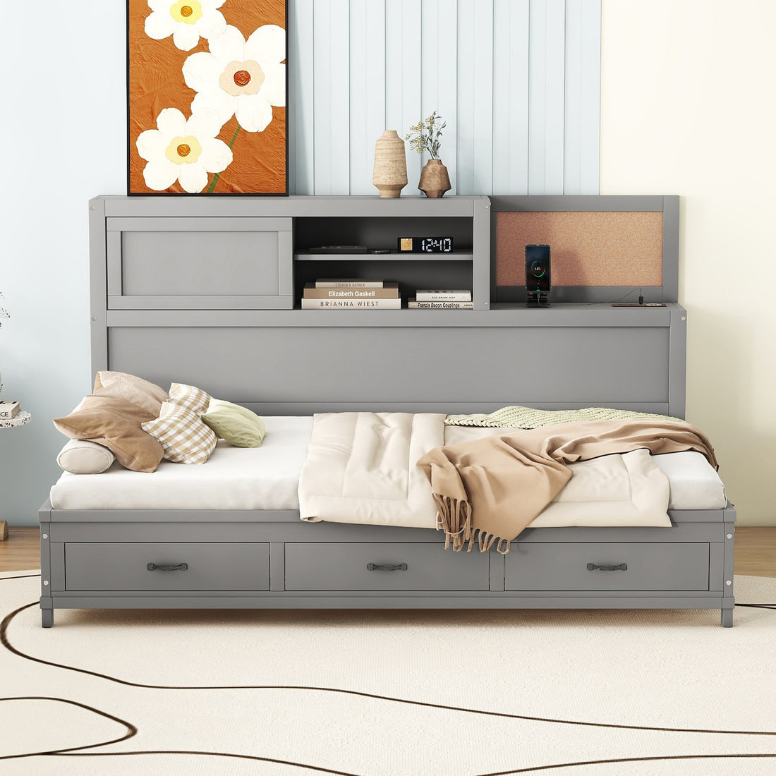 Full Size Wooden Daybed With 3 Storage Drawers, Upper Soft Board, Shelf, And A Set Of Sockets And Usb Ports, Gray Gray Solid Wood Mdf