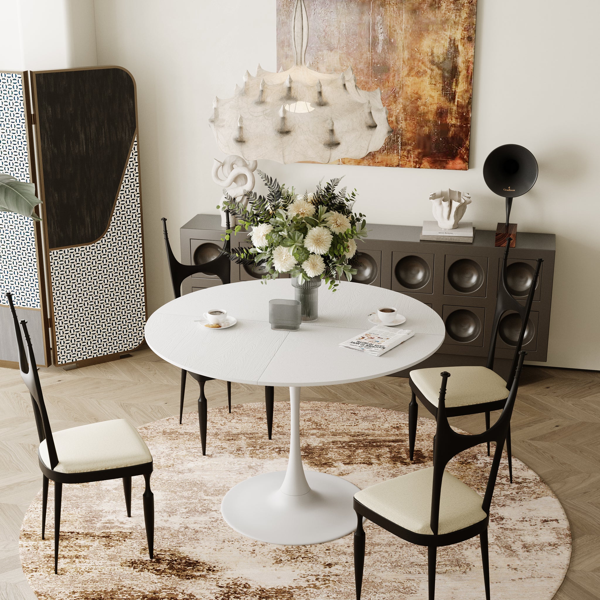 42.13"Modern Round Dining Table,Four Patchwork Tabletops With White Solid Wood Veneer Table Top,Metal Base Dining Table, End Table Leisure Coffee Table White Mdf Metal
