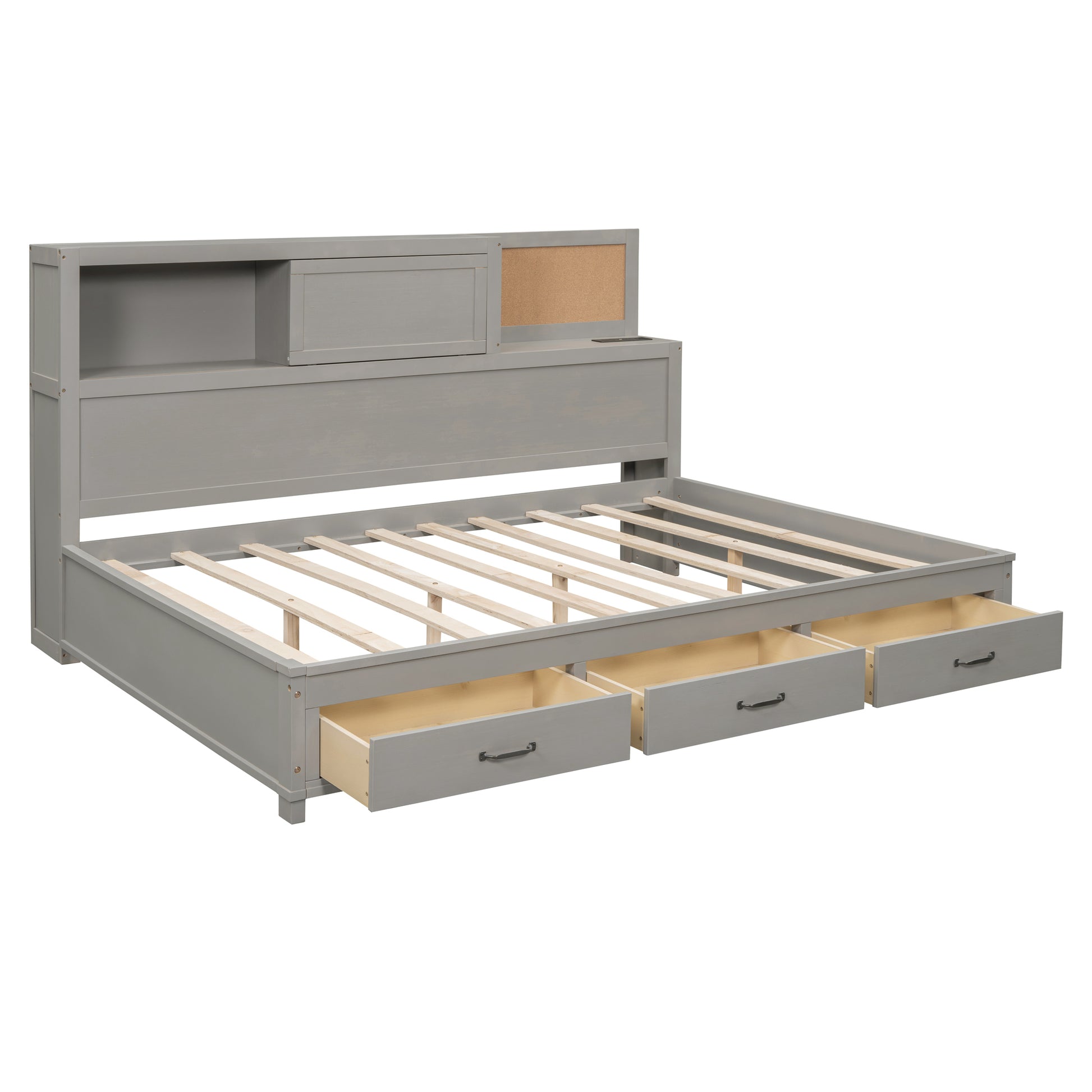 Full Size Wooden Daybed With 3 Storage Drawers, Upper Soft Board, Shelf, And A Set Of Sockets And Usb Ports, Gray Gray Solid Wood Mdf