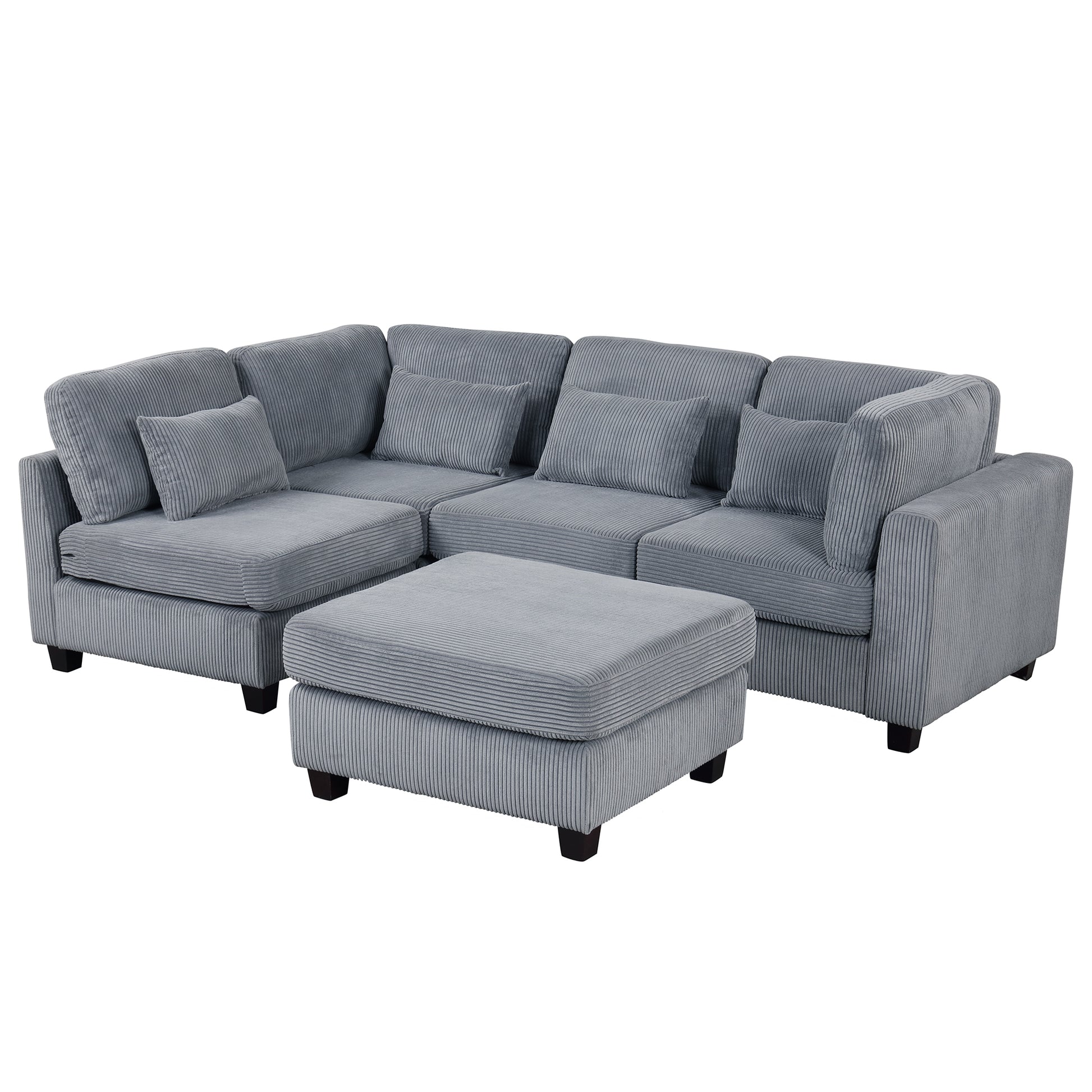 5 Pieces L Shaped Sofa With Removable Ottomans And Comfortable Waist Pillows Grey Polyester 5 Seat