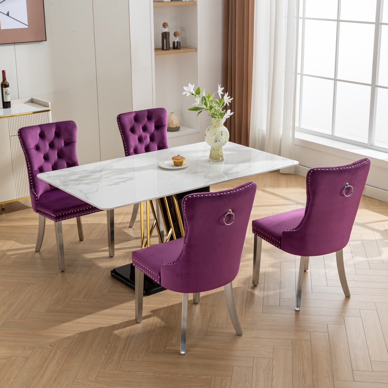 Nikki Collection Modern, High End Tufted Solid Wood Contemporary Velvet Upholstered Dining Chair With Chrome Stainless Steel Plating Legs,Nailhead Trim,Set Of 2,Purple And Chrome, Sw1701Pp Purple Dining Room American Traditional Rubberwood Set Of 2 Foam