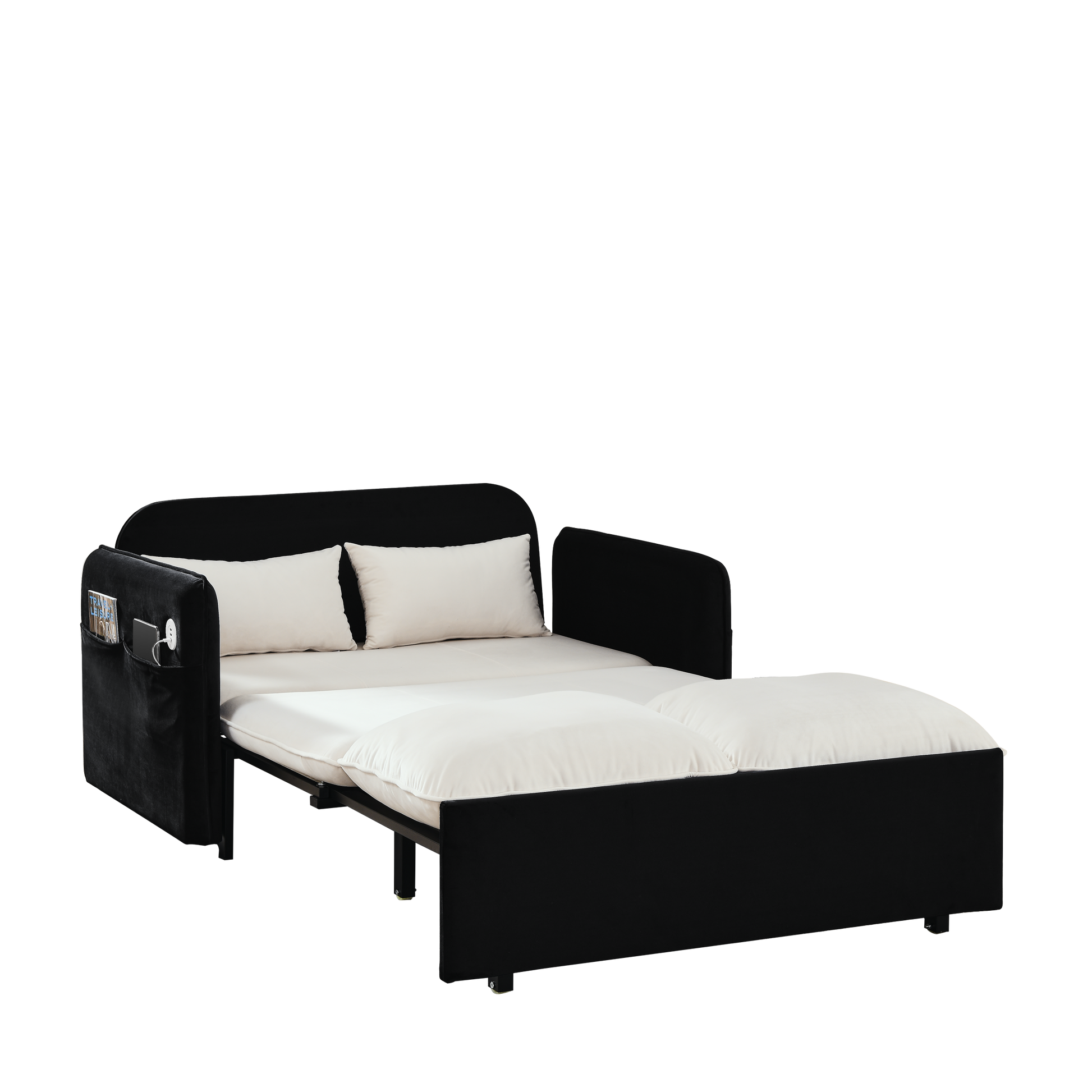 53" Modern Convertible Sofa Bed W 2 Removable Armrests W Usb Power Port, Velvet Recliner Adjustable Sofa W Head Pull Out Bed, 2 Pillows, For Living Room Apartment Etc., White Black Beige Black Foam Velvet