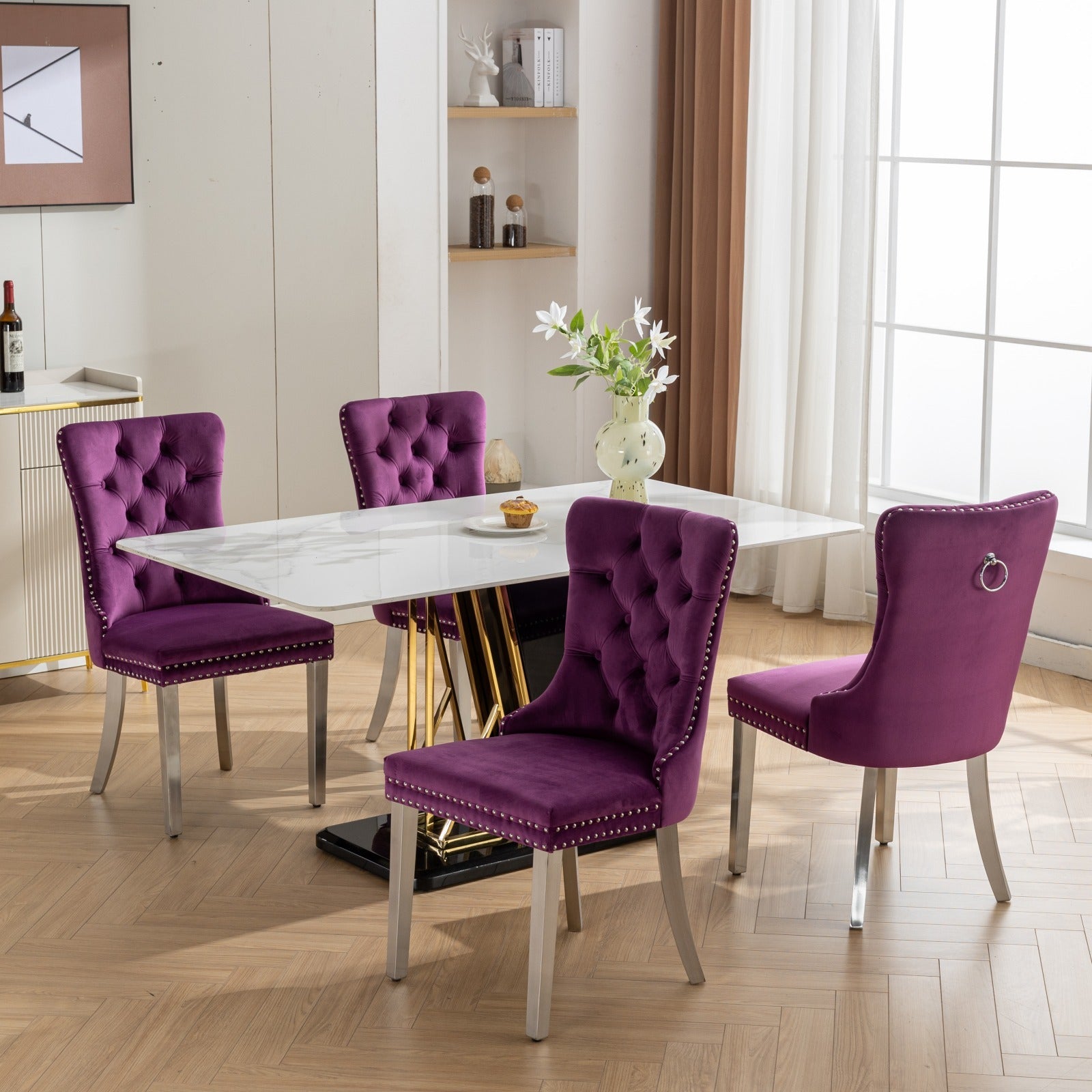 Nikki Collection Modern, High End Tufted Solid Wood Contemporary Velvet Upholstered Dining Chair With Chrome Stainless Steel Plating Legs,Nailhead Trim,Set Of 2,Purple And Chrome, Sw1701Pp Purple Dining Room American Traditional Rubberwood Set Of 2 Foam