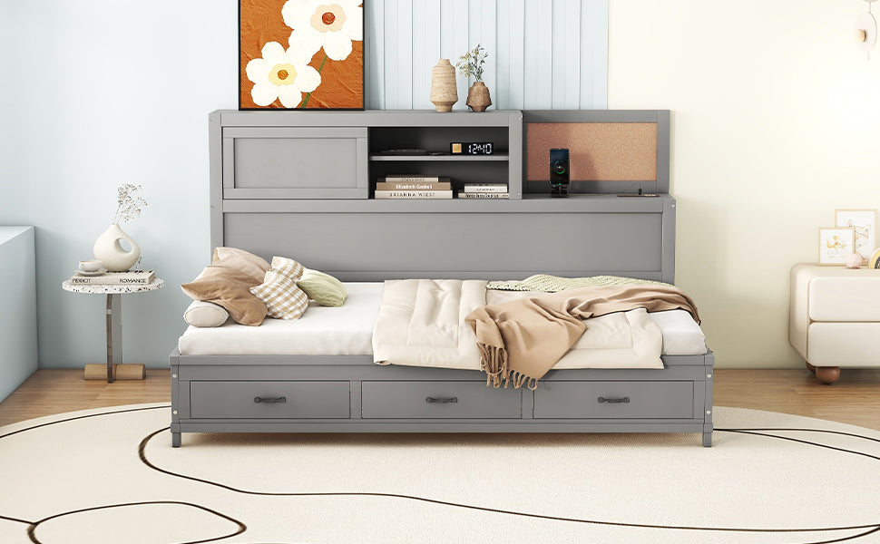 Full Size Wooden Daybed With 3 Storage Drawers, Upper Soft Board, Shelf, And A Set Of Sockets And Usb Ports, Gray Gray Solid Wood Mdf