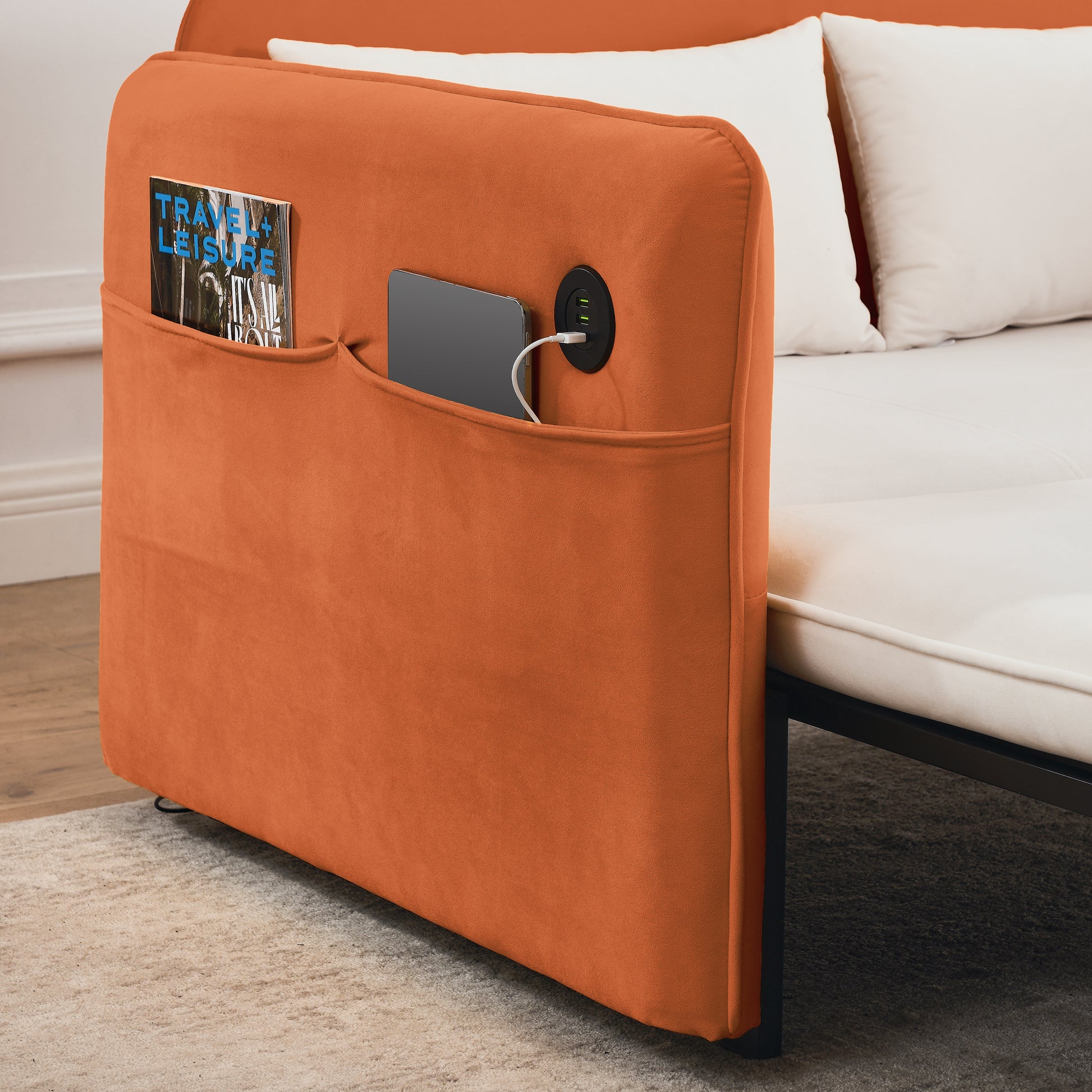 53" Modern Convertible Sofa Bed W 2 Removable Armrests W Usb Power Port, Velvet Recliner Adjustable Sofa W Head Pull Out Bed, 2 Pillows, For Living Room Apartment Etc., White Orange Beige Foam Velvet