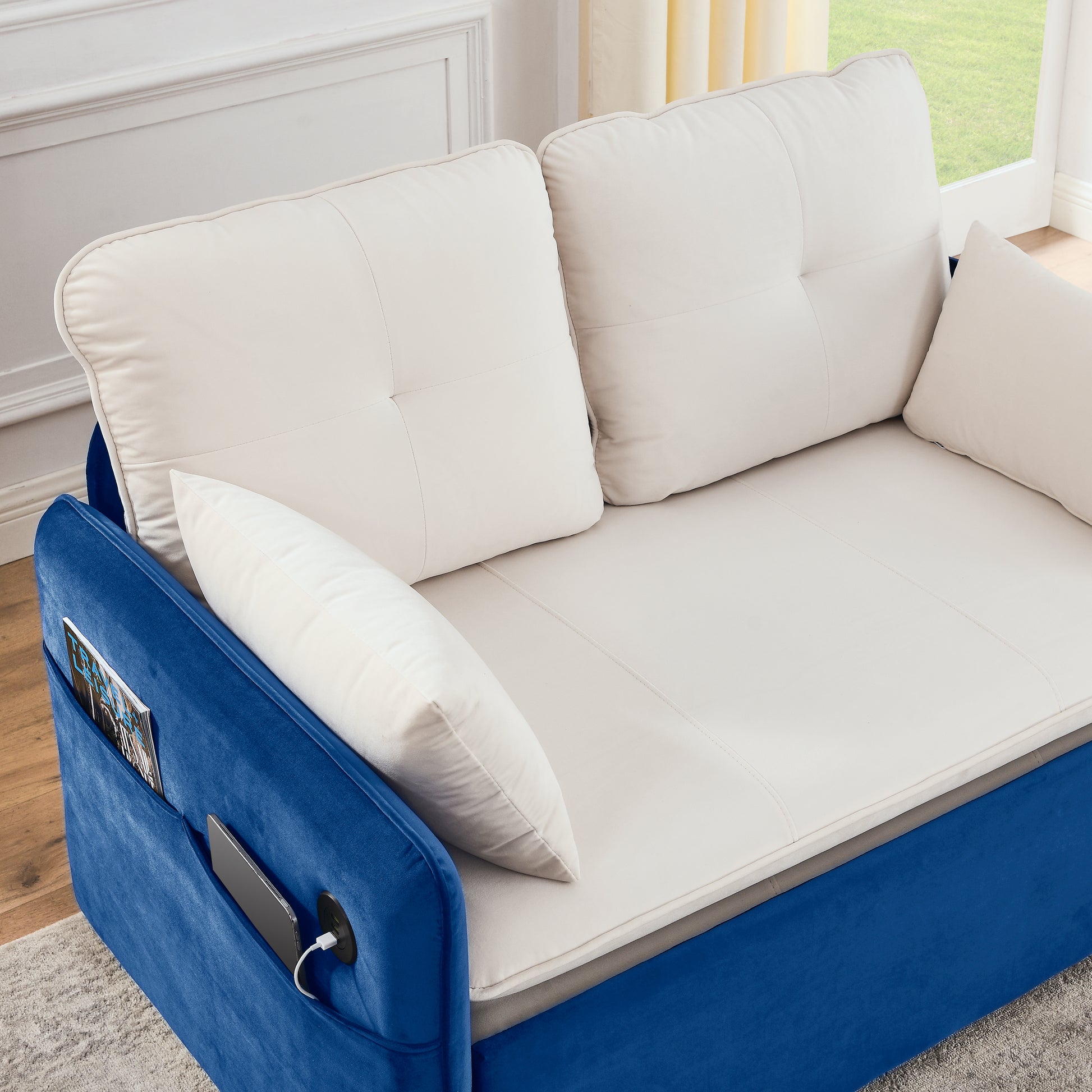53" Modern Convertible Sofa Bed W 2 Removable Armrests W Usb Power Port, Velvet Recliner Adjustable Sofa W Head Pull Out Bed, 2 Pillows, For Living Room Apartment Etc., White Blue Beige Blue Foam