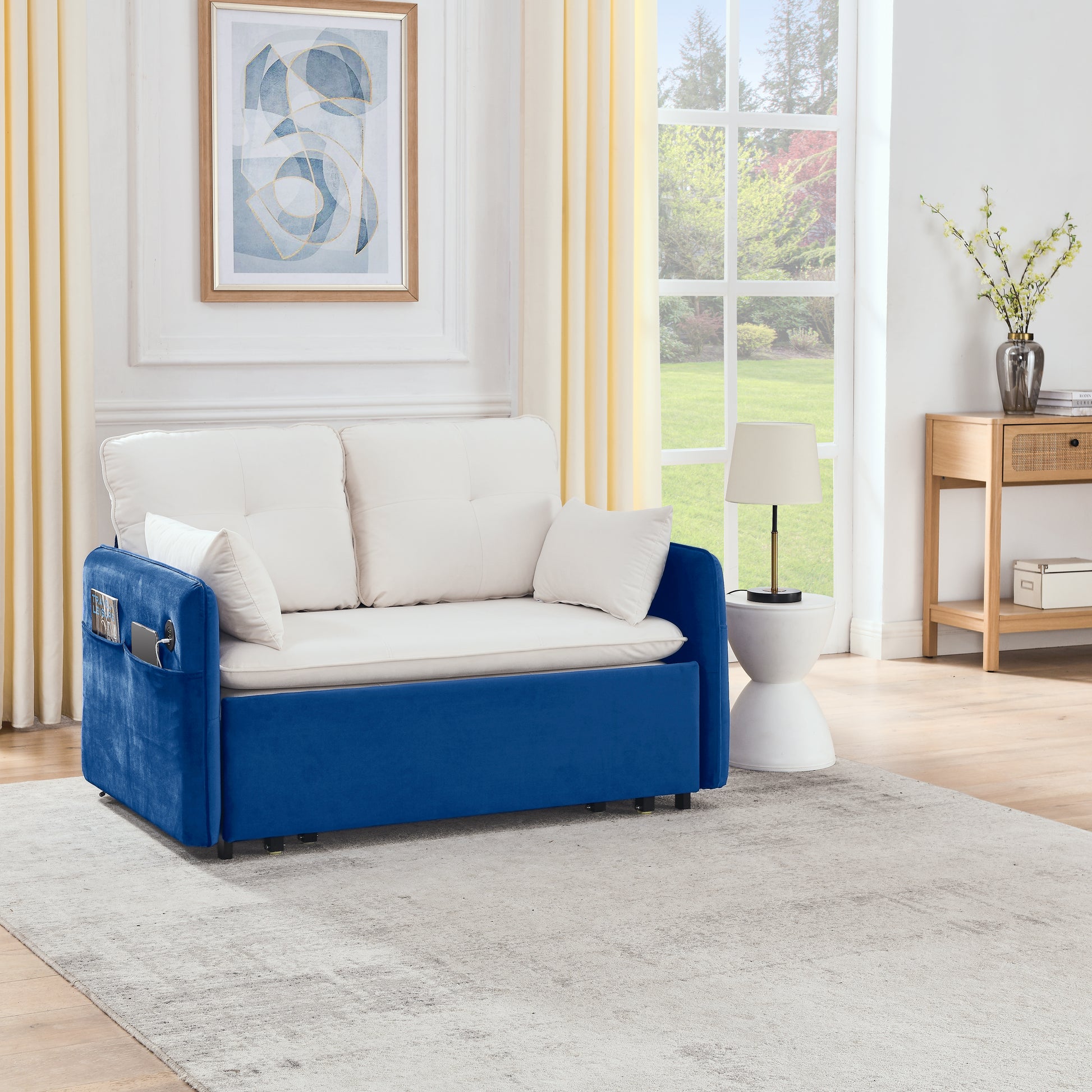 53" Modern Convertible Sofa Bed W 2 Removable Armrests W Usb Power Port, Velvet Recliner Adjustable Sofa W Head Pull Out Bed, 2 Pillows, For Living Room Apartment Etc., White Blue Beige Blue Foam