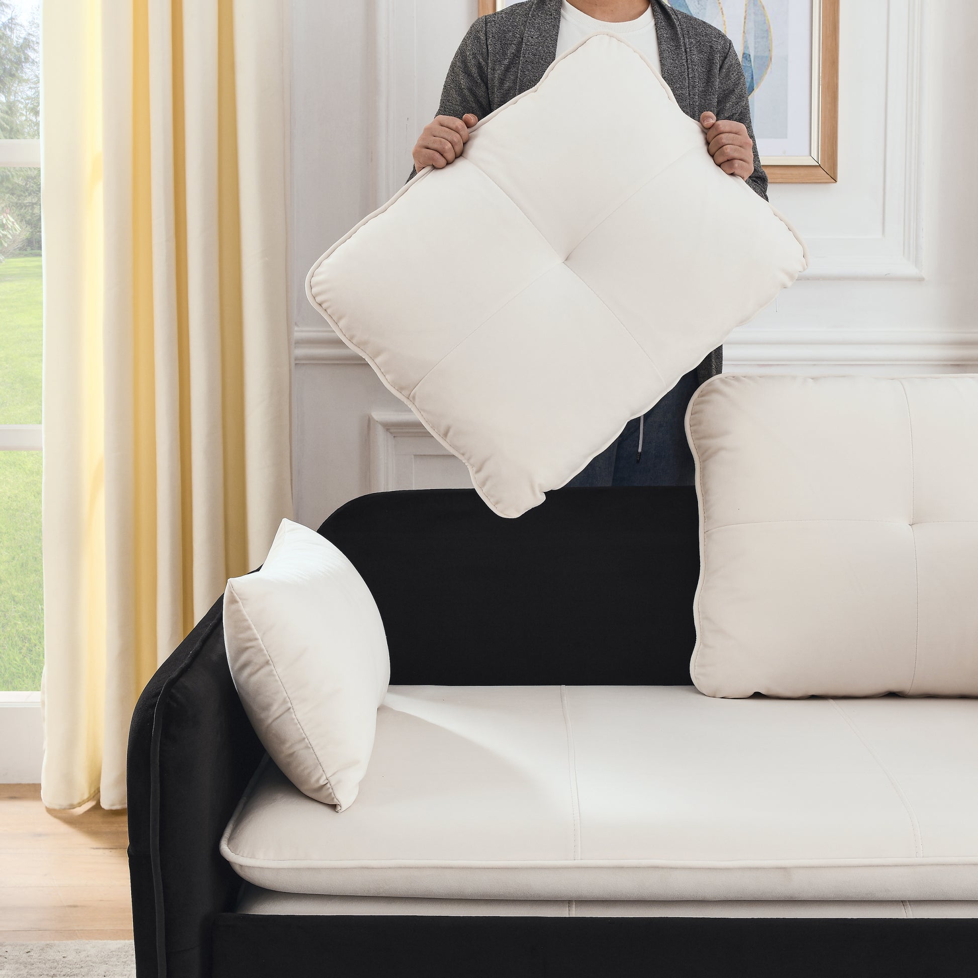 53" Modern Convertible Sofa Bed W 2 Removable Armrests W Usb Power Port, Velvet Recliner Adjustable Sofa W Head Pull Out Bed, 2 Pillows, For Living Room Apartment Etc., White Black Beige Black Foam Velvet