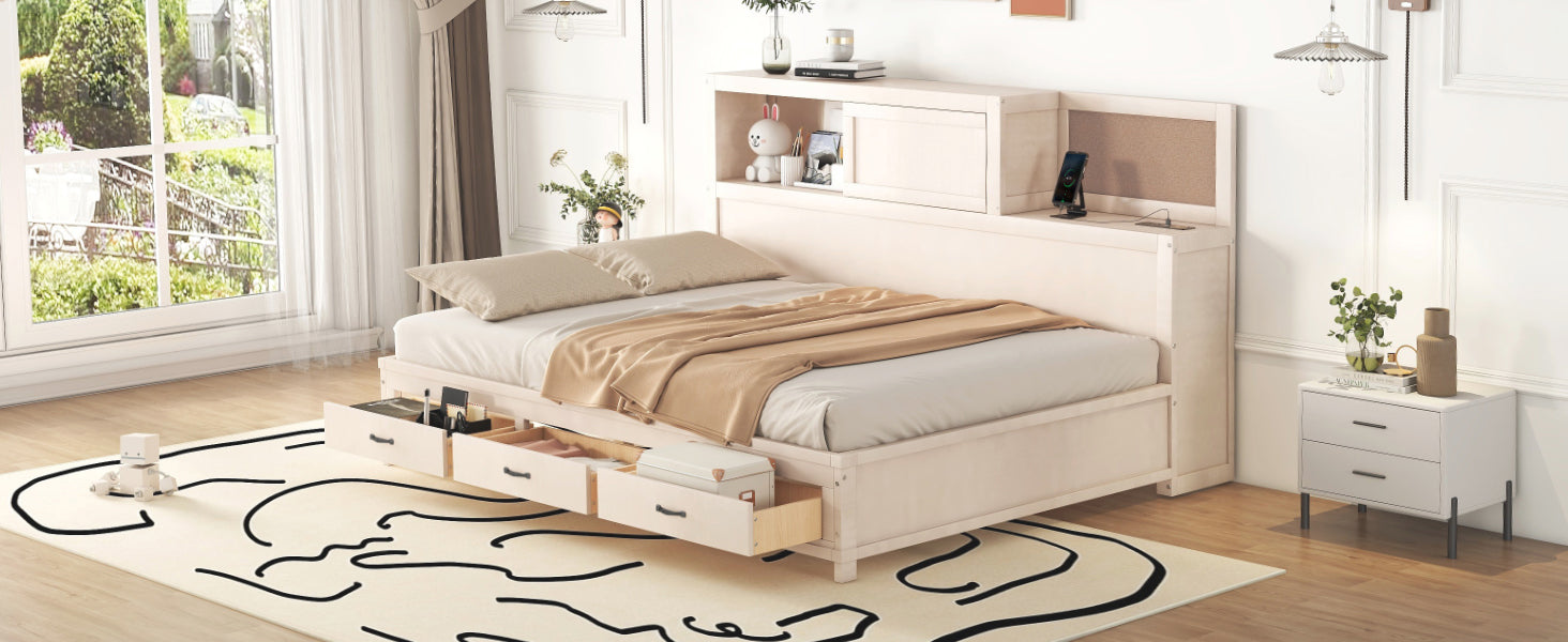Full Size Wooden Daybed With 3 Storage Drawers, Upper Soft Board, Shelf, And A Set Of Sockets And Usb Ports, White White Solid Wood Mdf