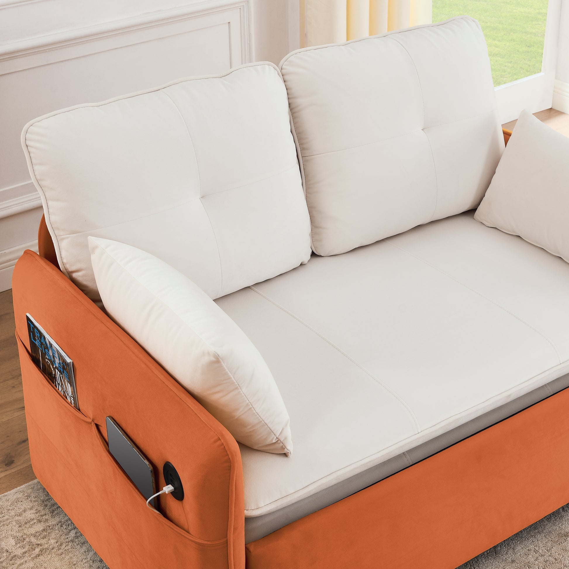 53" Modern Convertible Sofa Bed W 2 Removable Armrests W Usb Power Port, Velvet Recliner Adjustable Sofa W Head Pull Out Bed, 2 Pillows, For Living Room Apartment Etc., White Orange Beige Foam Velvet