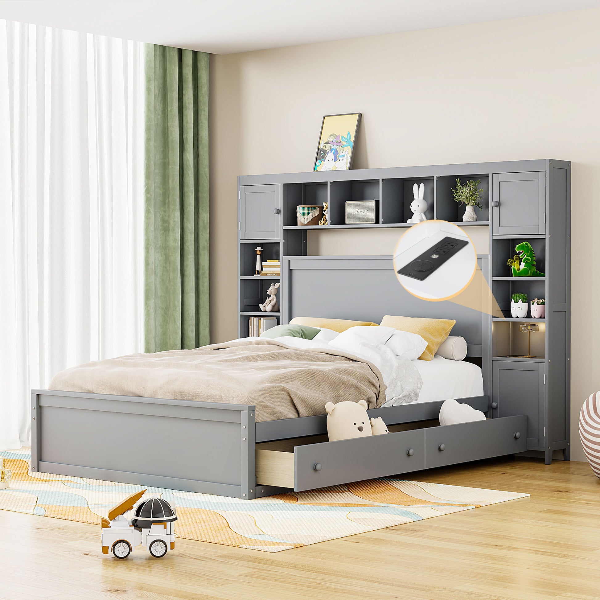 Queen Size Wooden Bed With All In One Cabinet, Shelf And Sockets, Gray Gray Solid Wood