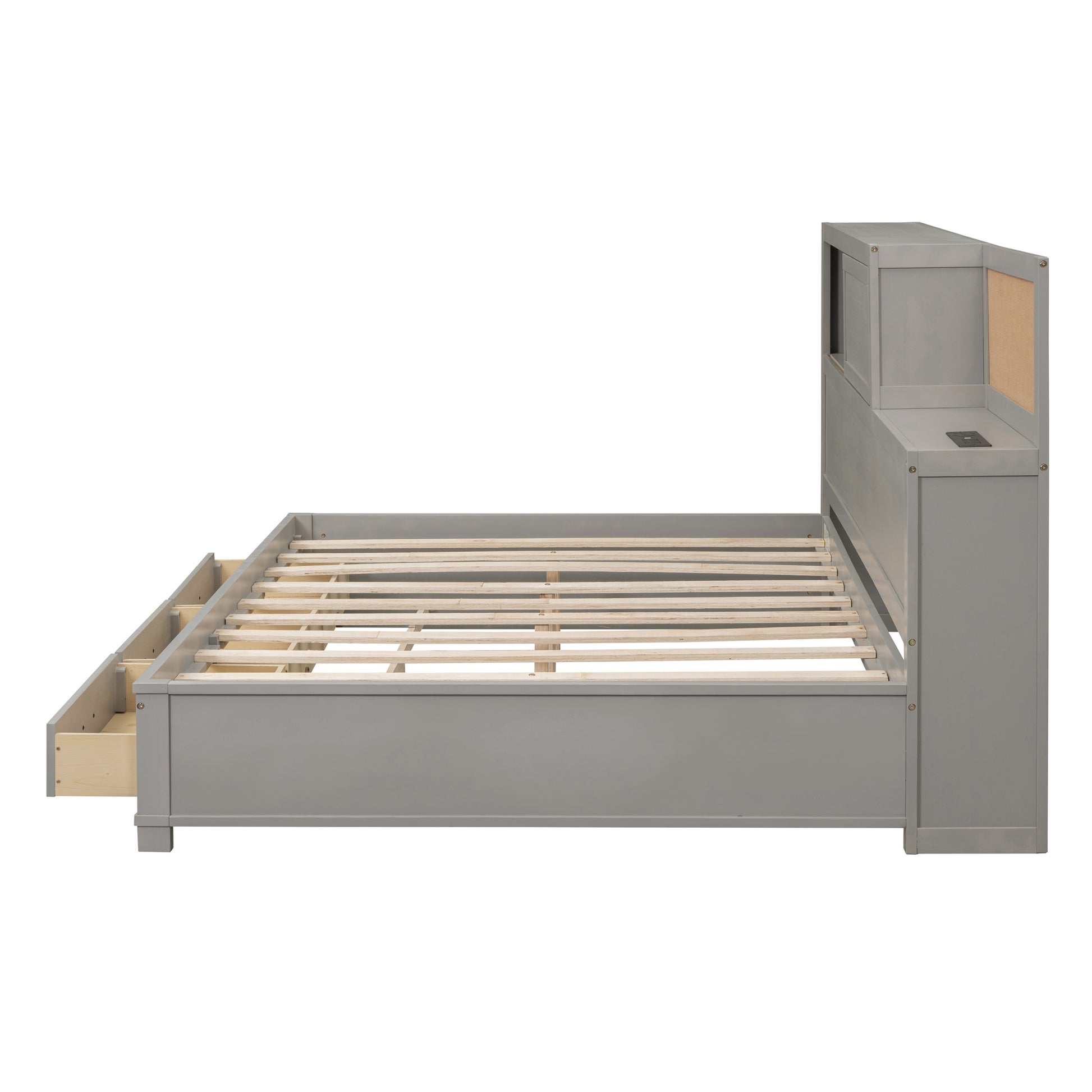 Full Size Wooden Daybed With 3 Storage Drawers, Upper Soft Board, Shelf, And A Set Of Sockets And Usb Ports, Gray Gray Solid Wood Mdf