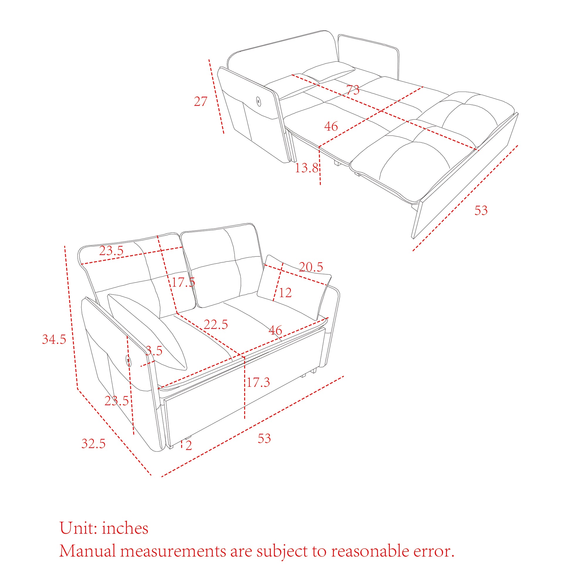 53" Modern Convertible Sofa Bed W 2 Removable Armrests W Usb Power Port, Velvet Recliner Adjustable Sofa W Head Pull Out Bed, 2 Pillows, For Living Room Apartment Etc., White Orange Beige Foam Velvet