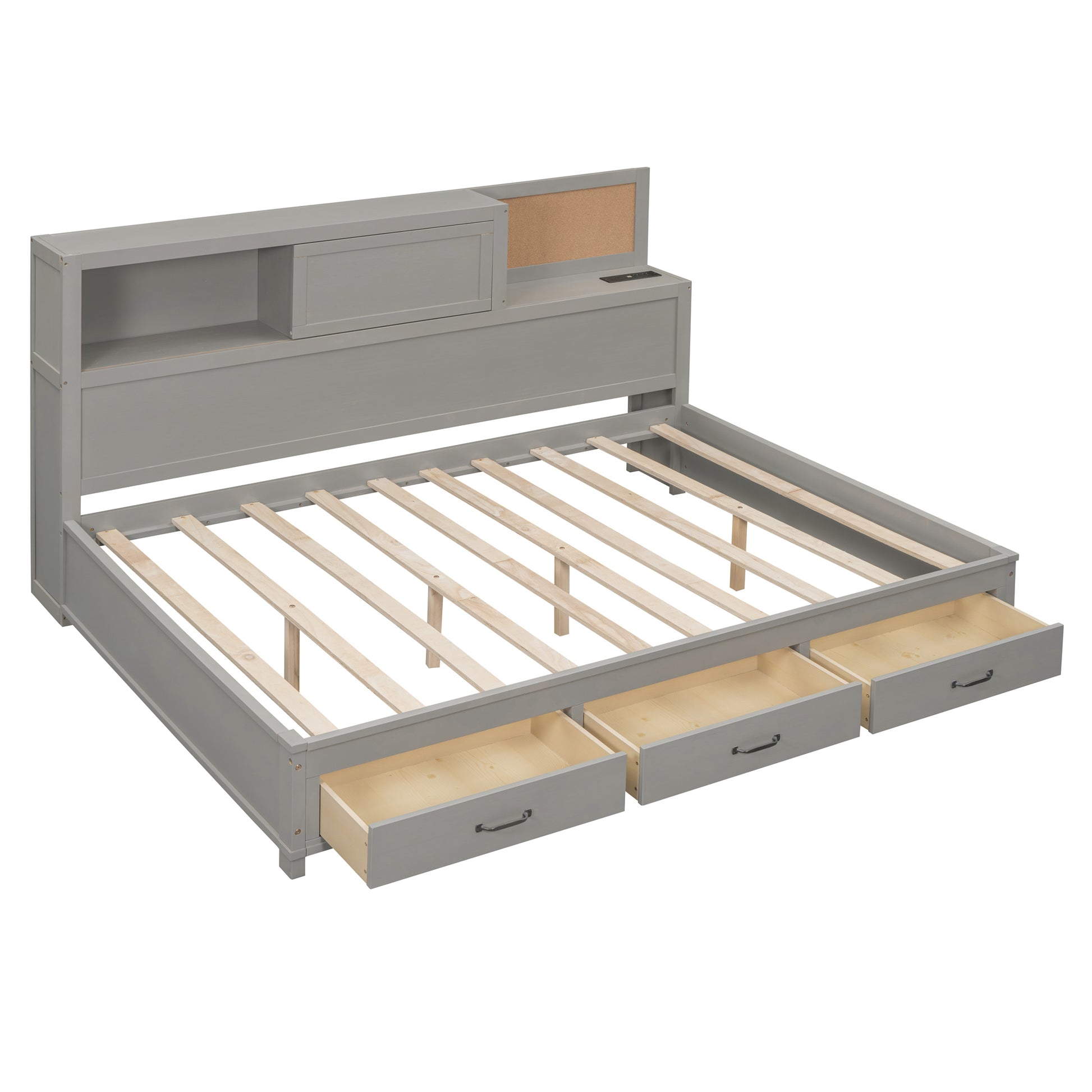 Full Size Wooden Daybed With 3 Storage Drawers, Upper Soft Board, Shelf, And A Set Of Sockets And Usb Ports, Gray Gray Solid Wood Mdf