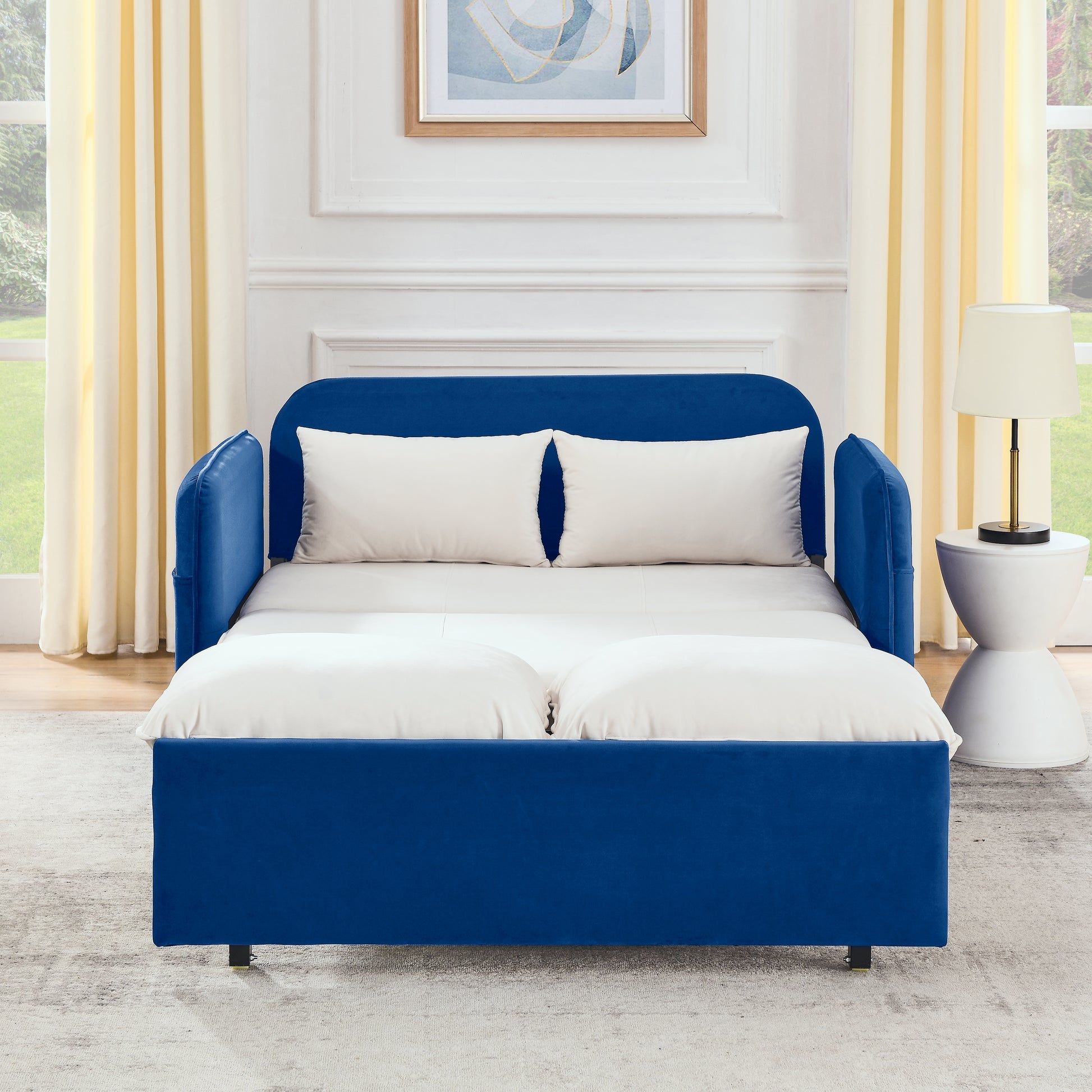 53" Modern Convertible Sofa Bed W 2 Removable Armrests W Usb Power Port, Velvet Recliner Adjustable Sofa W Head Pull Out Bed, 2 Pillows, For Living Room Apartment Etc., White Blue Beige Blue Foam