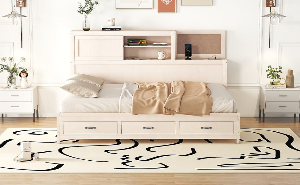 Full Size Wooden Daybed With 3 Storage Drawers, Upper Soft Board, Shelf, And A Set Of Sockets And Usb Ports, White White Solid Wood Mdf