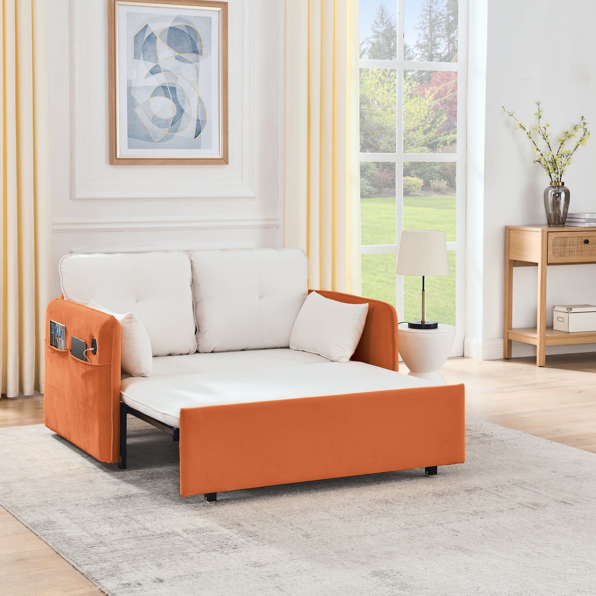 53" Modern Convertible Sofa Bed W 2 Removable Armrests W Usb Power Port, Velvet Recliner Adjustable Sofa W Head Pull Out Bed, 2 Pillows, For Living Room Apartment Etc., White Orange Beige Foam Velvet