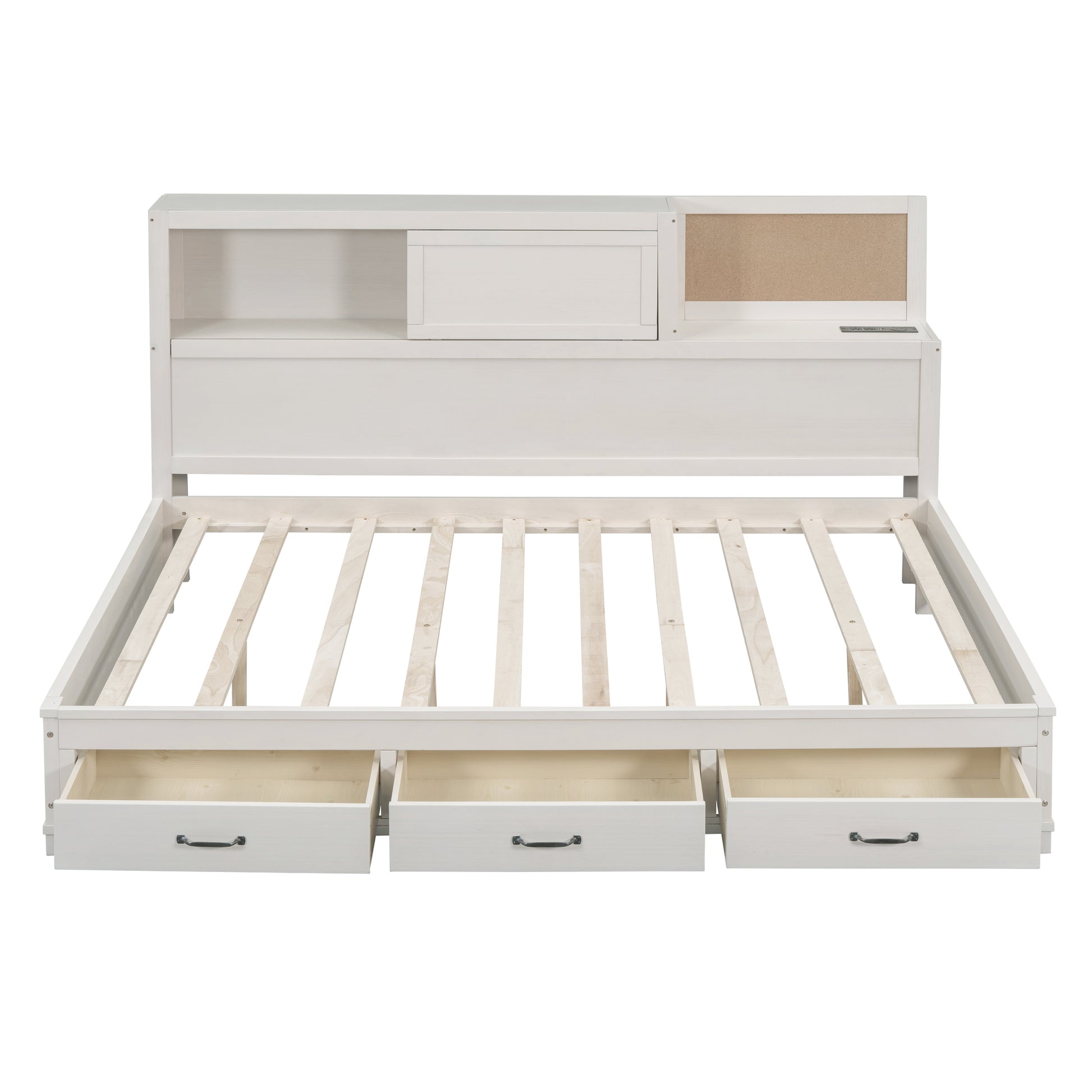 Full Size Wooden Daybed With 3 Storage Drawers, Upper Soft Board, Shelf, And A Set Of Sockets And Usb Ports, White White Solid Wood Mdf