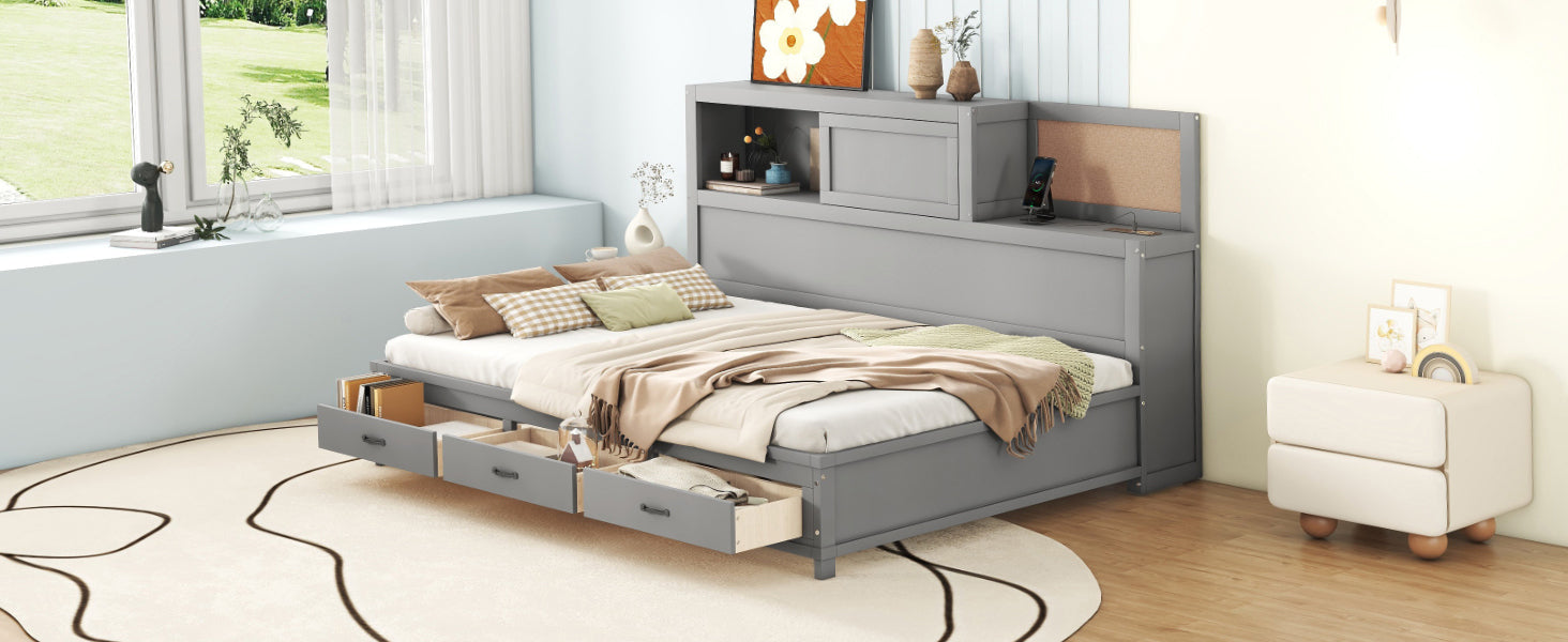 Full Size Wooden Daybed With 3 Storage Drawers, Upper Soft Board, Shelf, And A Set Of Sockets And Usb Ports, Gray Gray Solid Wood Mdf