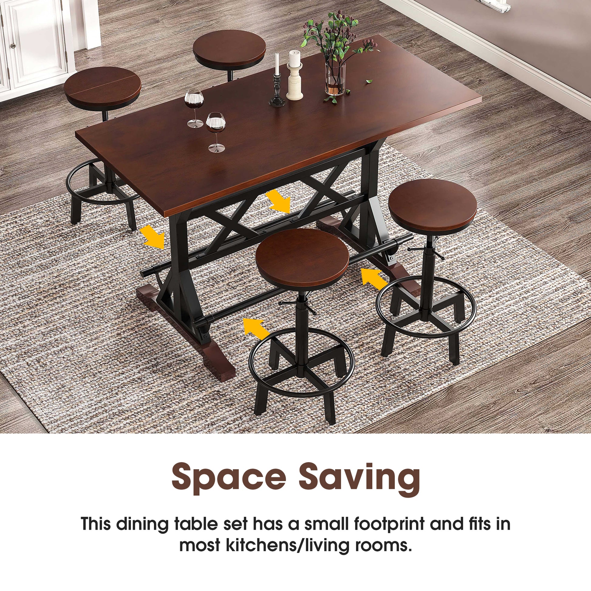 5 Piece Dining Table Set, 59" Wooden Sofa Side Table With Stabilizing Base, Rustic Brown Industrial Adjustable Height Chairs, Modern Bar Table And Chairs For Living Room, Dining Room, And Space Saving Metal Espresso Wood Classic Rectangular Solid Wood