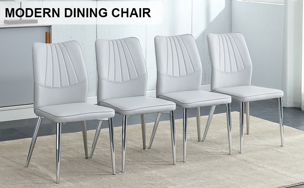 Four Light Gray Dining Chairs. A Medieval Modern Chair Made Of Pu Material With Soft Cushions And Silver Metal Legs. Suitable For Restaurants And Living Rooms Light Gray Pu