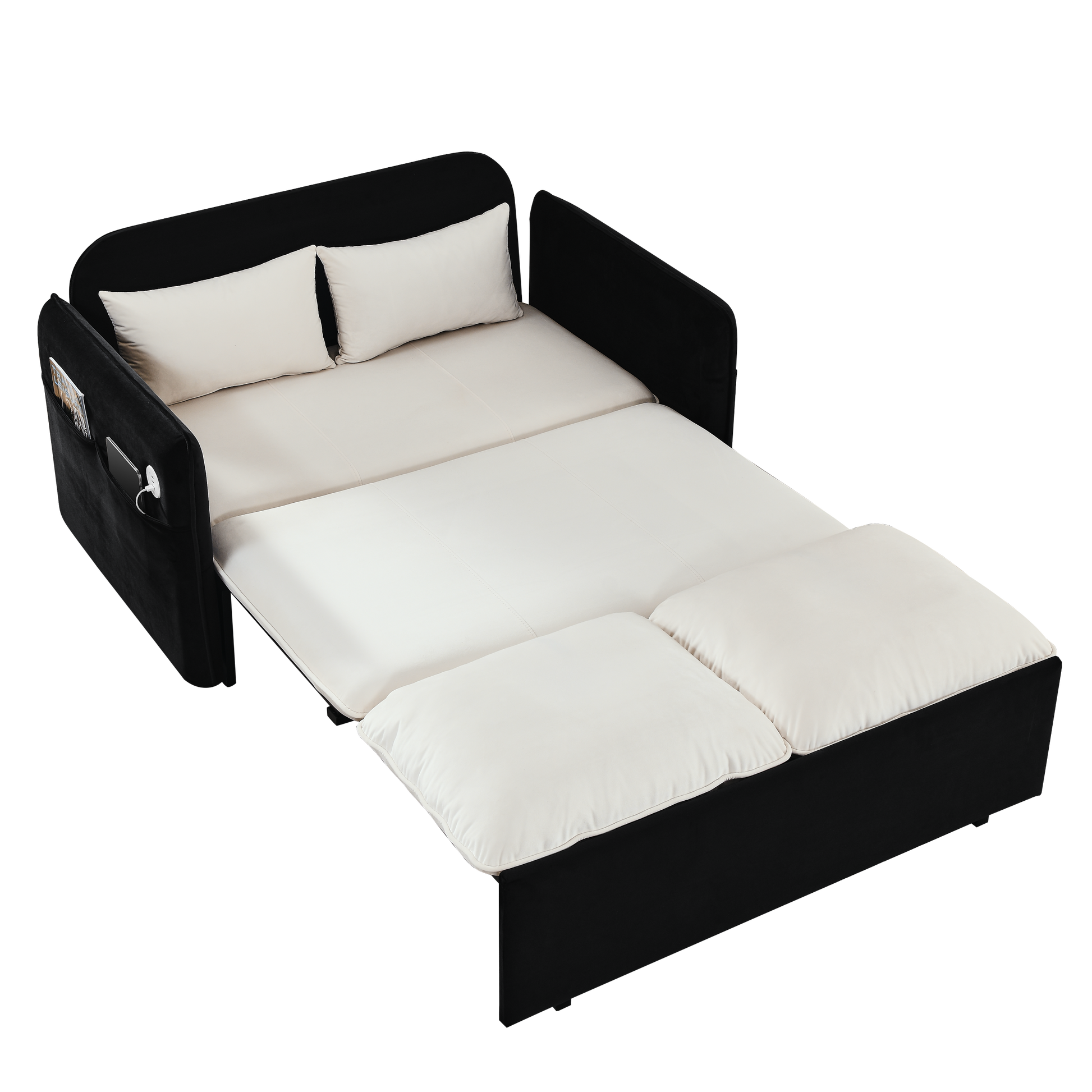 53" Modern Convertible Sofa Bed W 2 Removable Armrests W Usb Power Port, Velvet Recliner Adjustable Sofa W Head Pull Out Bed, 2 Pillows, For Living Room Apartment Etc., White Black Beige Black Foam Velvet