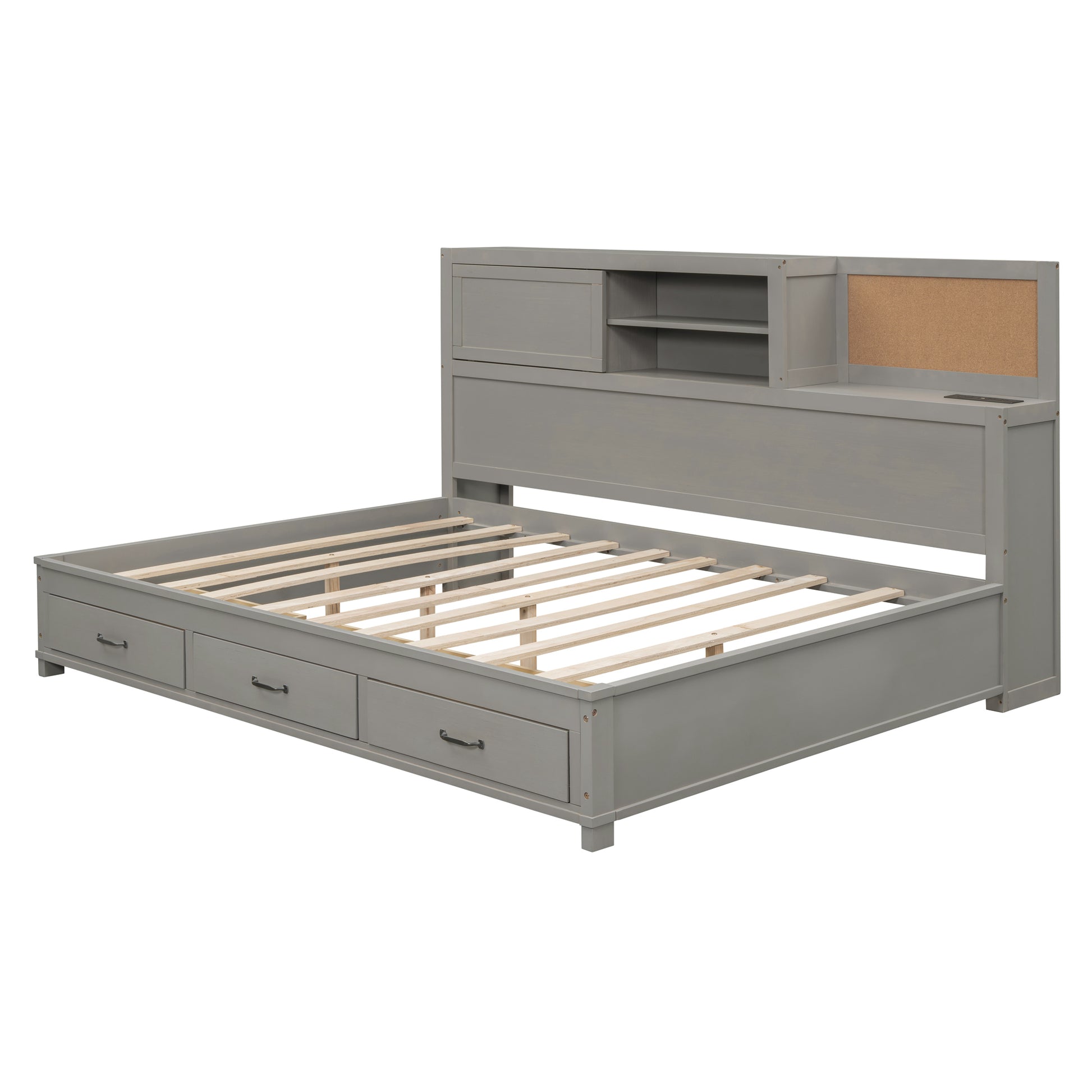 Full Size Wooden Daybed With 3 Storage Drawers, Upper Soft Board, Shelf, And A Set Of Sockets And Usb Ports, Gray Gray Solid Wood Mdf
