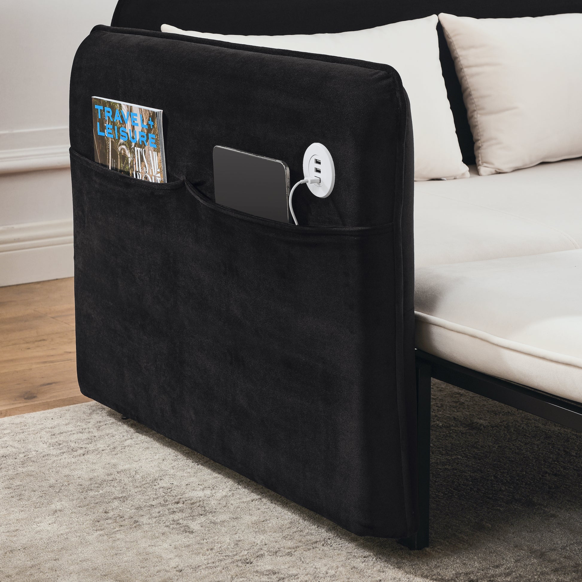 53" Modern Convertible Sofa Bed W 2 Removable Armrests W Usb Power Port, Velvet Recliner Adjustable Sofa W Head Pull Out Bed, 2 Pillows, For Living Room Apartment Etc., White Black Beige Black Foam Velvet